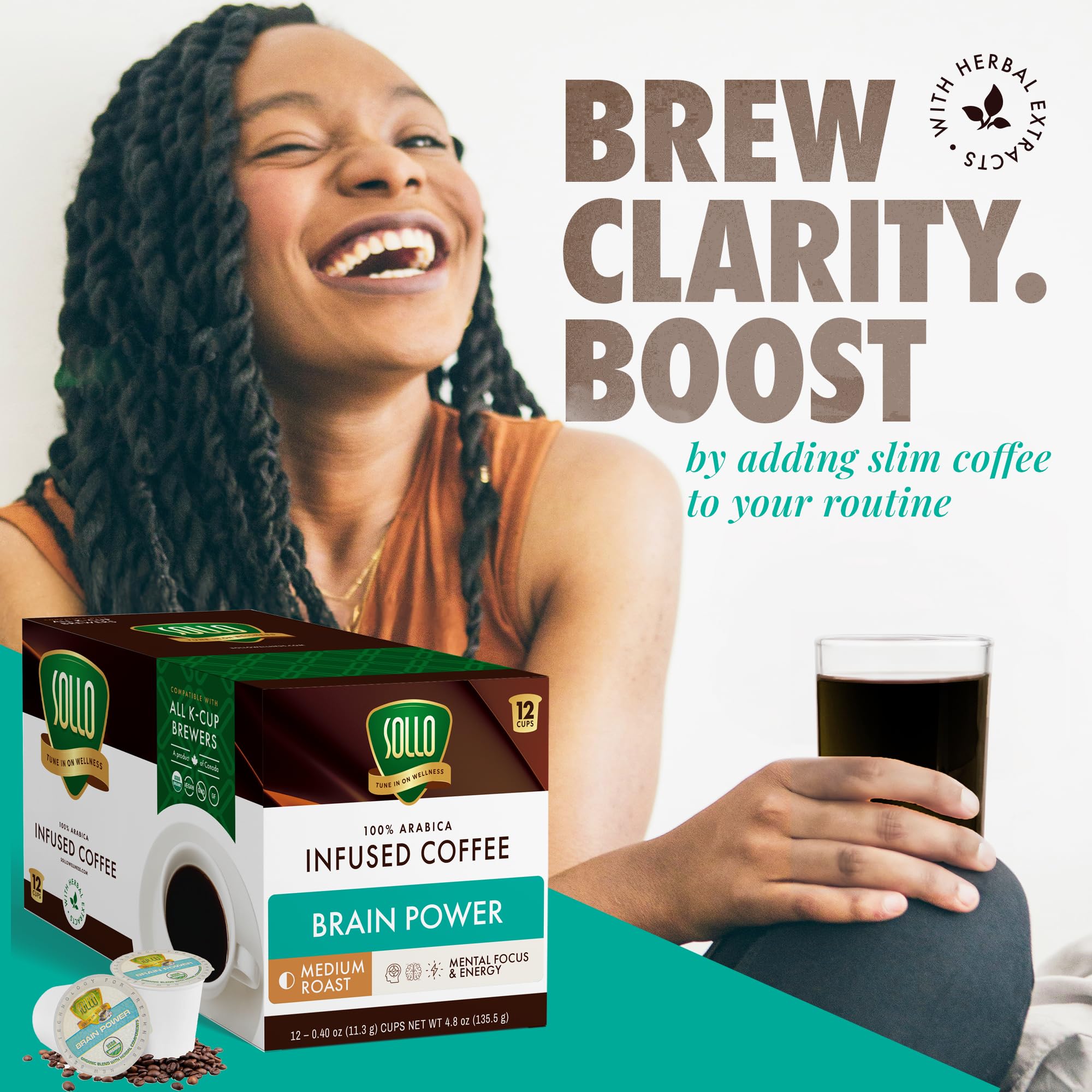 SOLLO Brain Power Dark Coffee Pods MCT & Essential nutrition, Nootropic Brain Booster, For Memory & Focus Compatible with K-Cup Keurig Brewers, 12