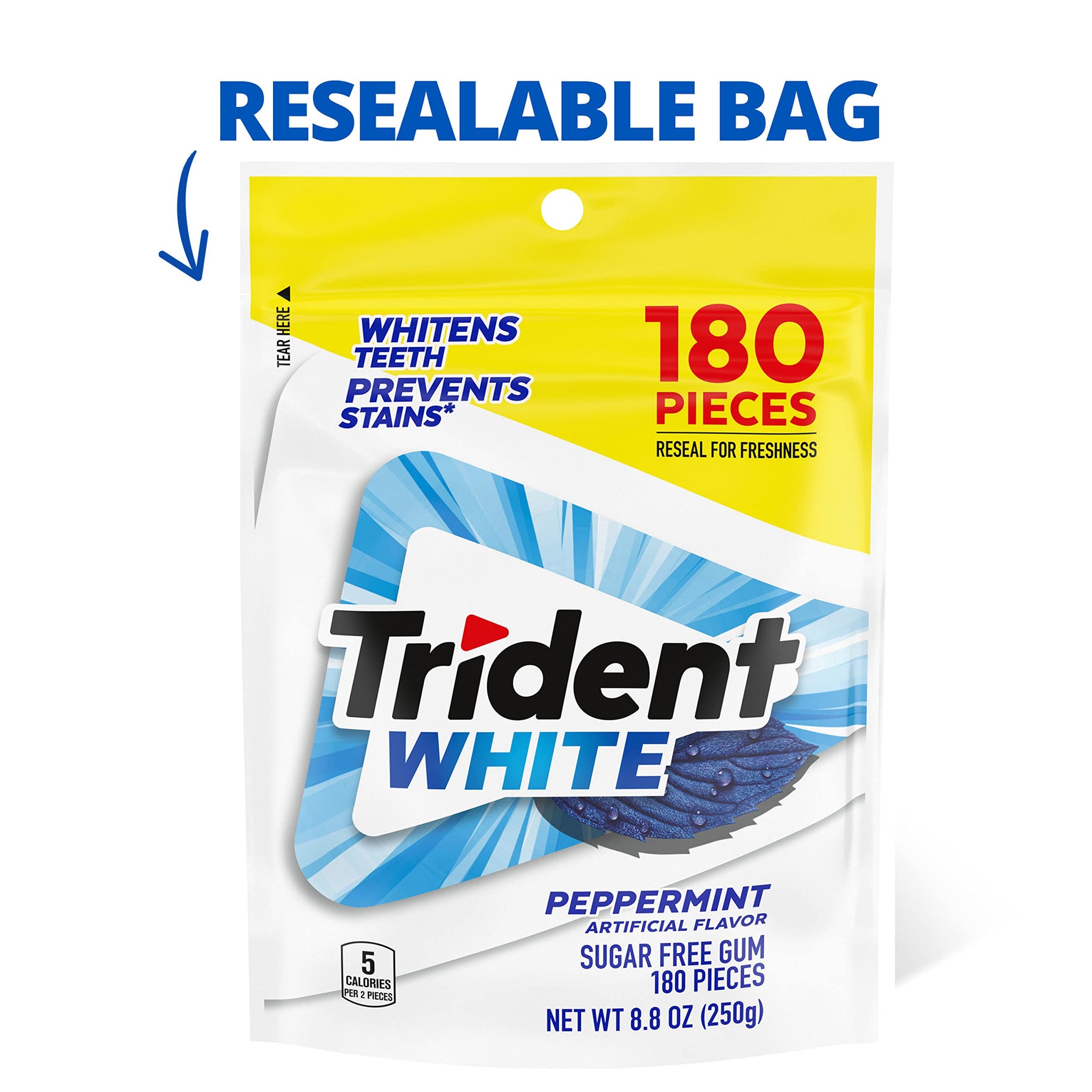 Trident White Sugar Free Gum, Peppermint, 180 Count (Pack of 2)