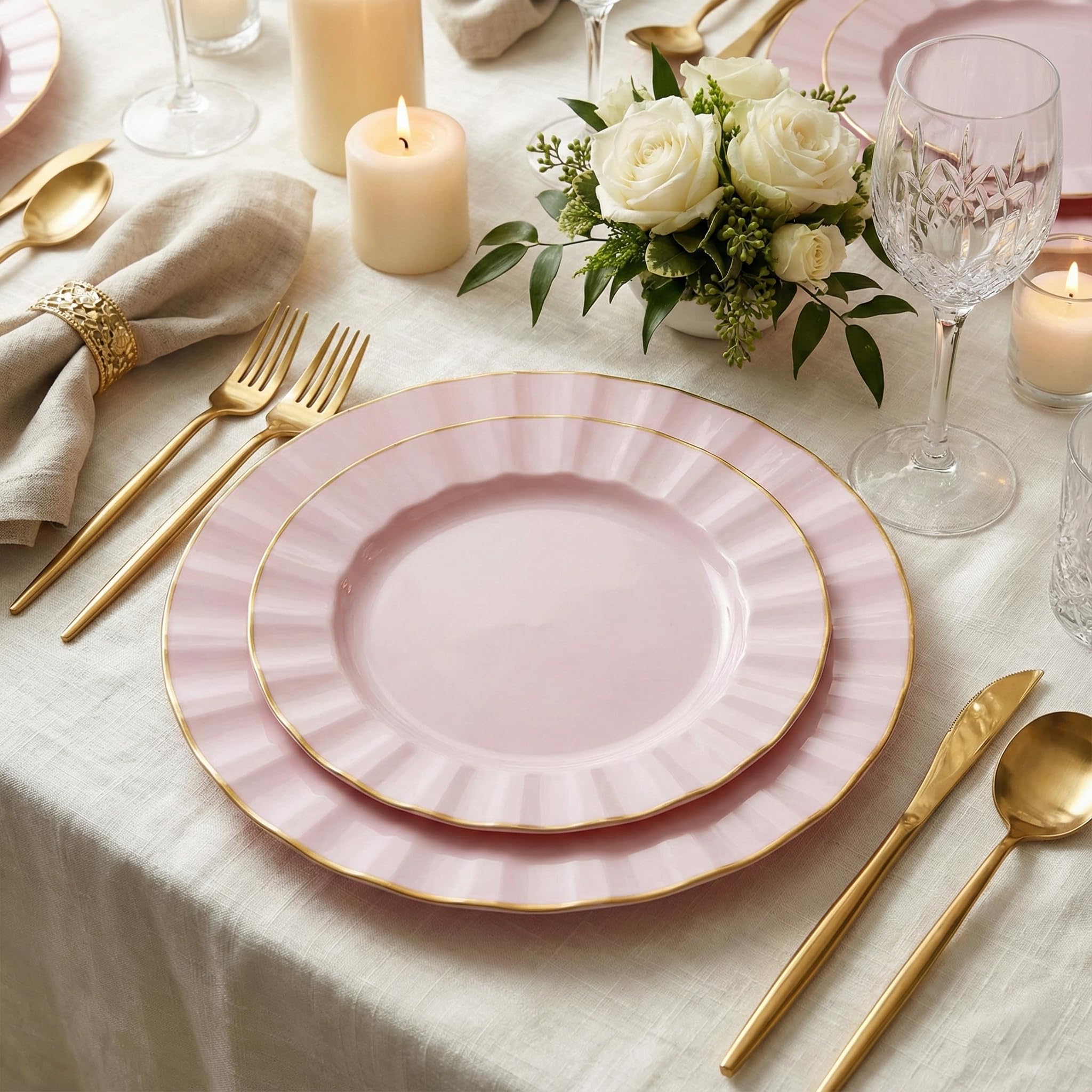 Lillian Tablesettings 32-Piece Pink Plastic Plates Set, 16×10" Dinner & 16×7" Salad Plates, Heavyweight Disposable Plates with Gold Rim, Elegant Petal