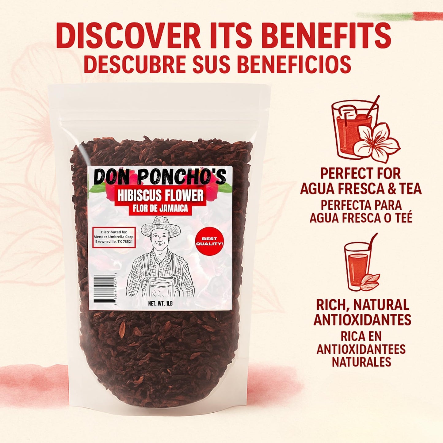 Don Ponchos Hibiscus Tea Organic 1Lb - Premium Hibiscus Flowers for Loose Leaf Tea - Flor de Jamaica for Refreshing, Aromatic Herbal Infusion - Ideal