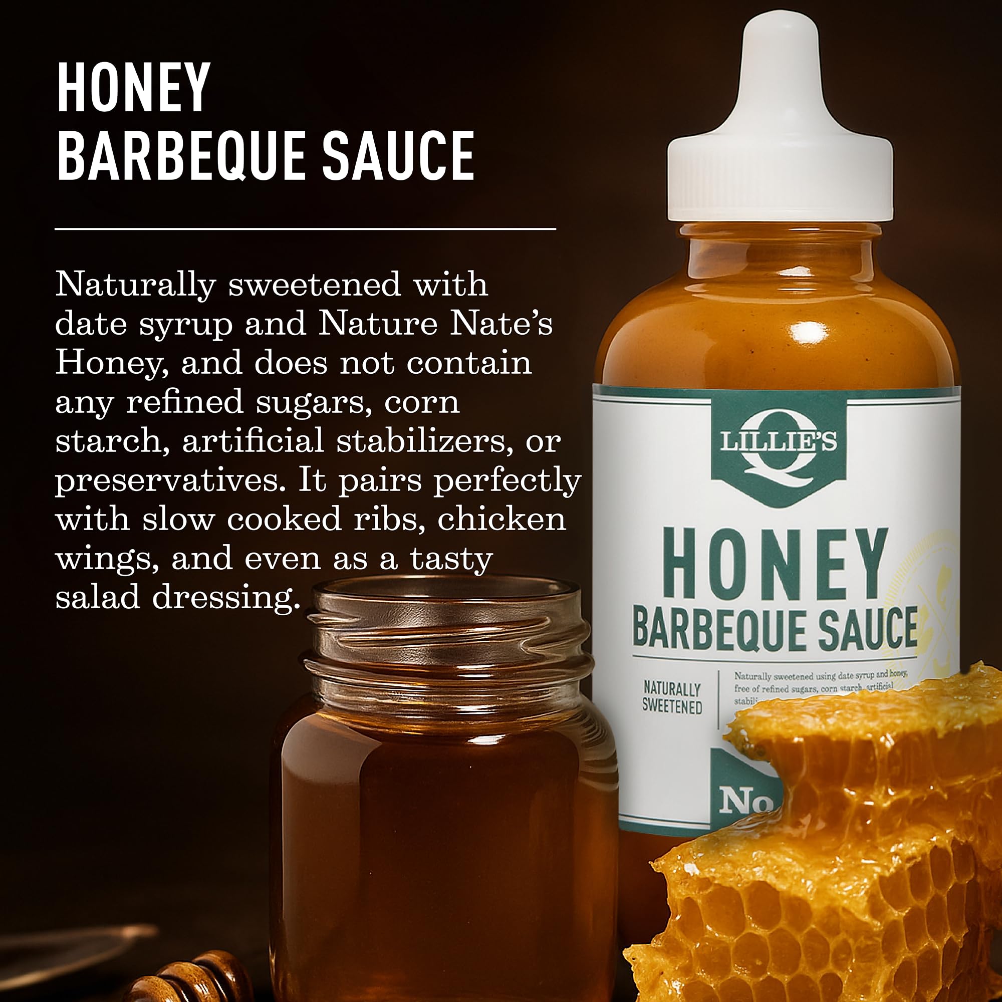 Lillie's Q Honey Barbecue Sauce, Naturally Sweetened with Honey & Date Syrup, No Refined Sugar, BBQ Sauce for Ribs, Chicken Wings, Grilling & Dipping