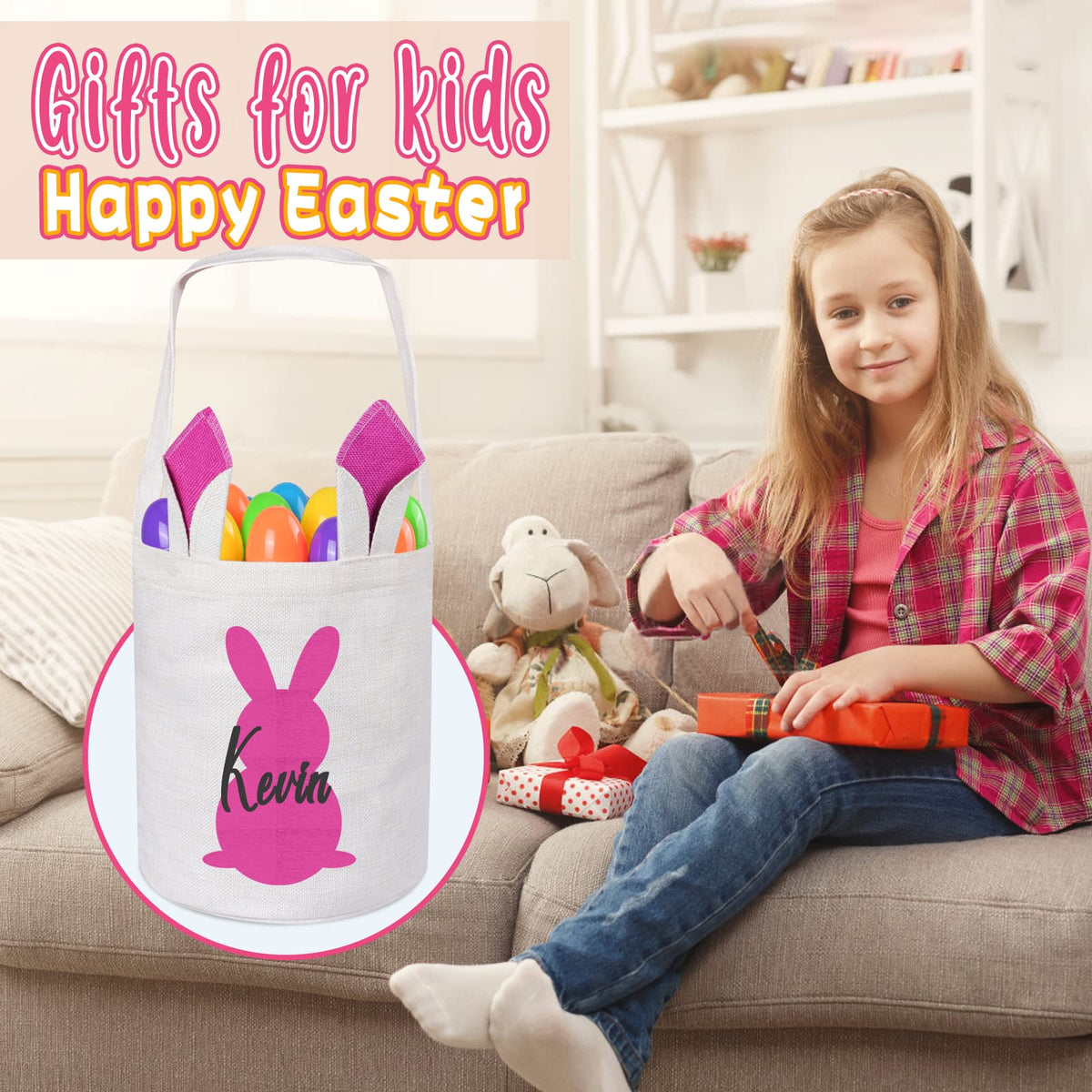 2 Pack Touber Personalized Easter Basket, Easter Bunny Basket with Ears Easter Baskets for Girls Boys Easter Eggs Hunt Baskets for Kids Personalized