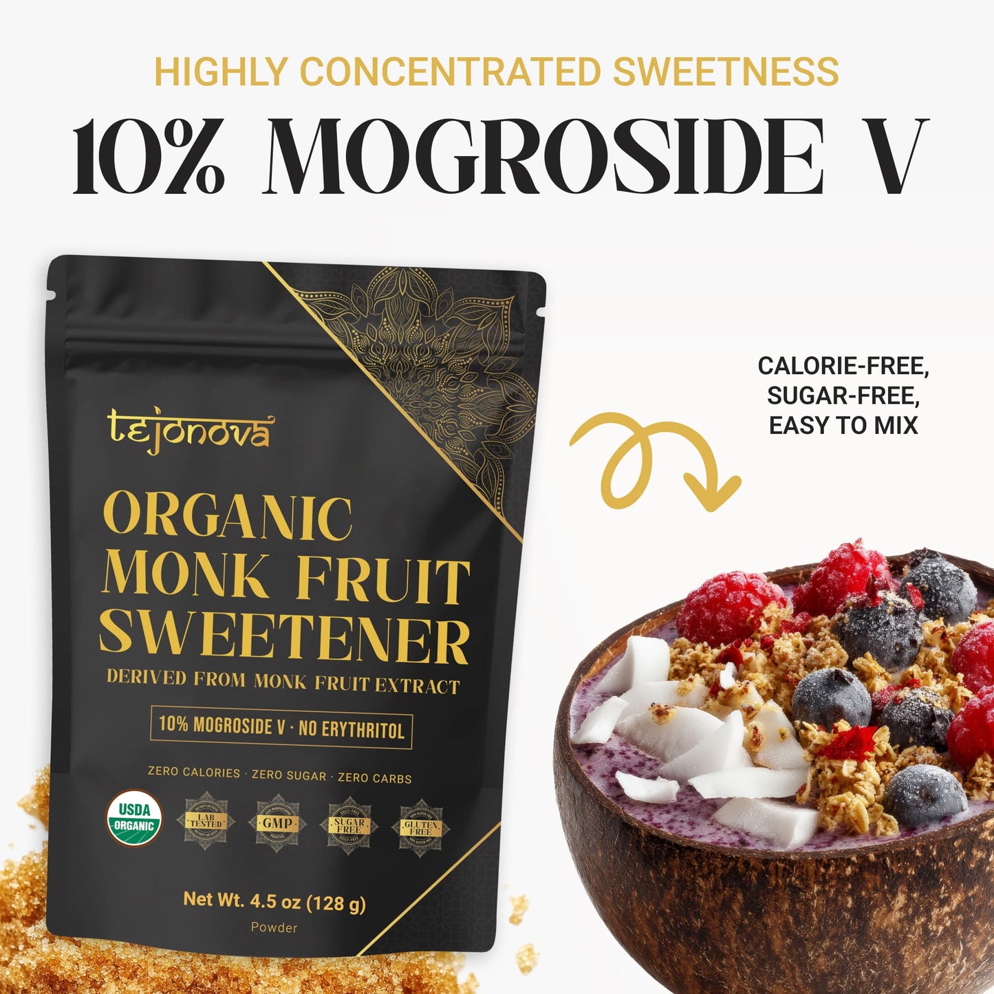 Organic Monk Fruit Extract Powder 4.5 oz - Pure Monk Fruit Sweetener, No Erythritol, Zero Calorie Sugar Substitute for Coffee, Tea & Baking (412
