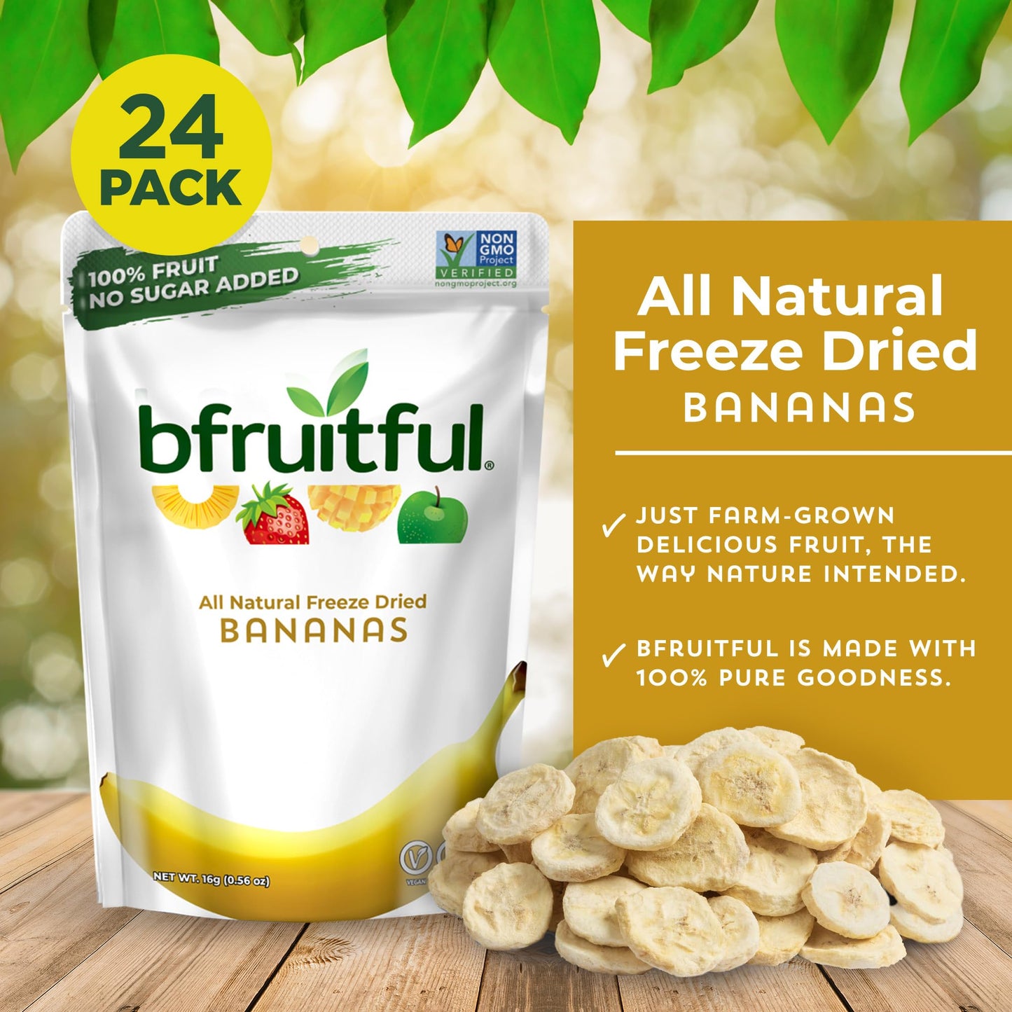 bfruitful Freeze-Dried Banana Snacks, Freeze Dried Fruit Bites, Vegan, No Sugar Added, Non GMO, Kosher, Crunchy Fruit Snacks for Kids & Adults, 0.56