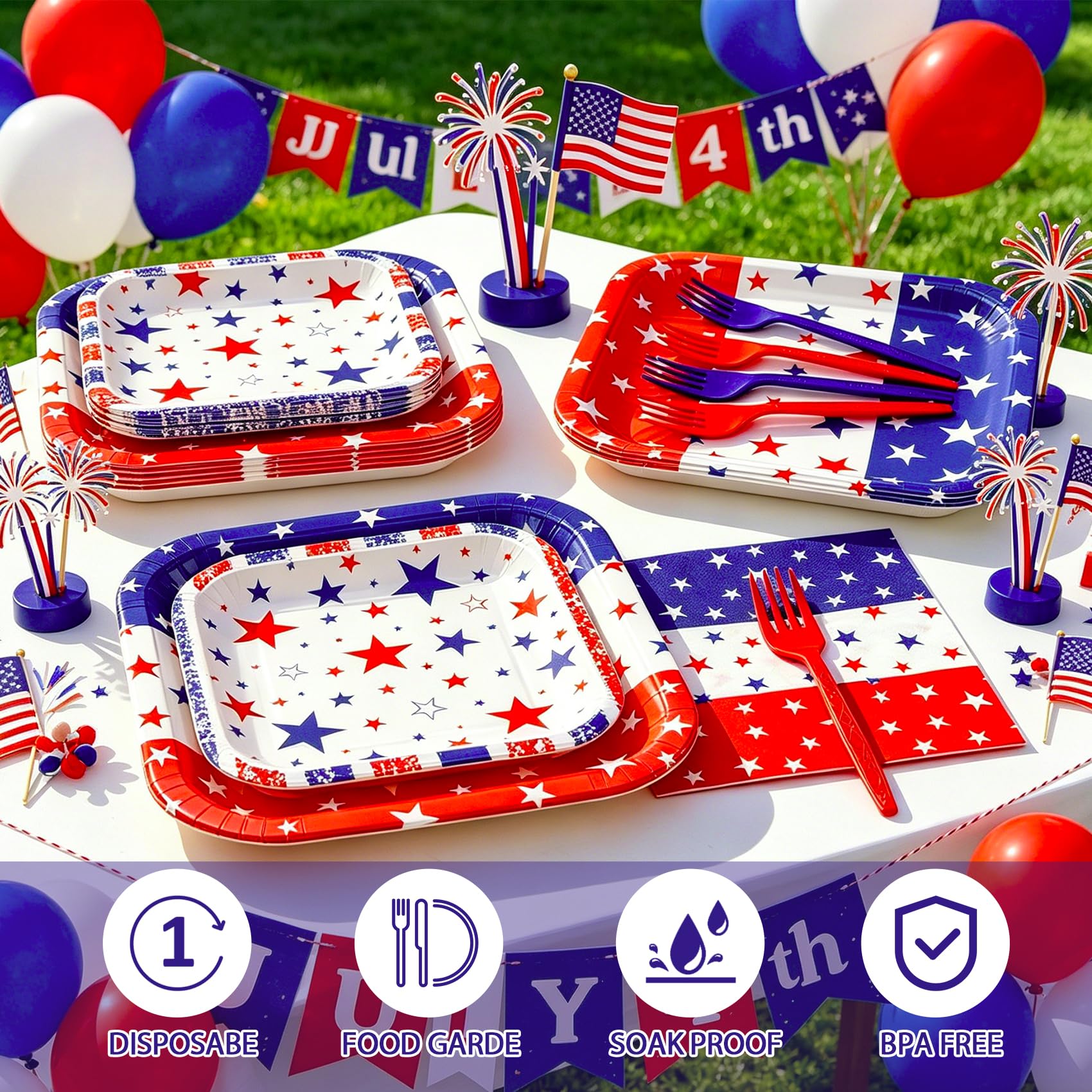 Patriotic Plates and Napkins,96Pcs 4th of July Tableware Set, American Flag Patriotic Party Supplies with Disposable Paper Plates, Napkins,Forks