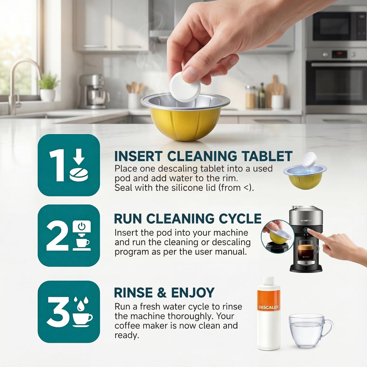 Ouxunus Complete Care Kit for Hard Water & Well Users, Compatible with Nespresso Vertuo Coffee Machines, 16.9 fl Oz Gentle Descaler (4 Uses), 8