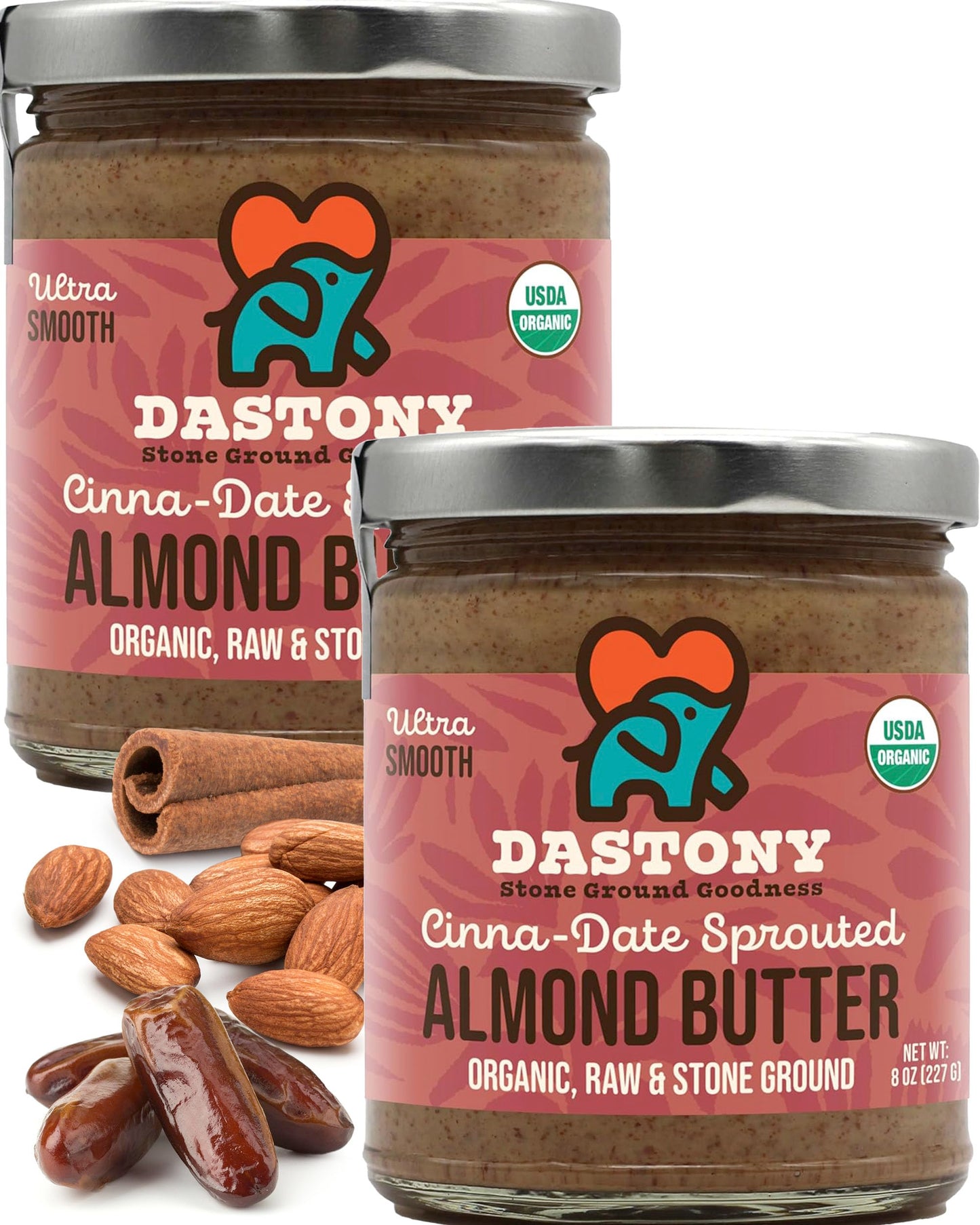 Dastony Cinna-Date Sprouted Almond Butter - Raw Almond Butter - 8 oz, Pack of 2