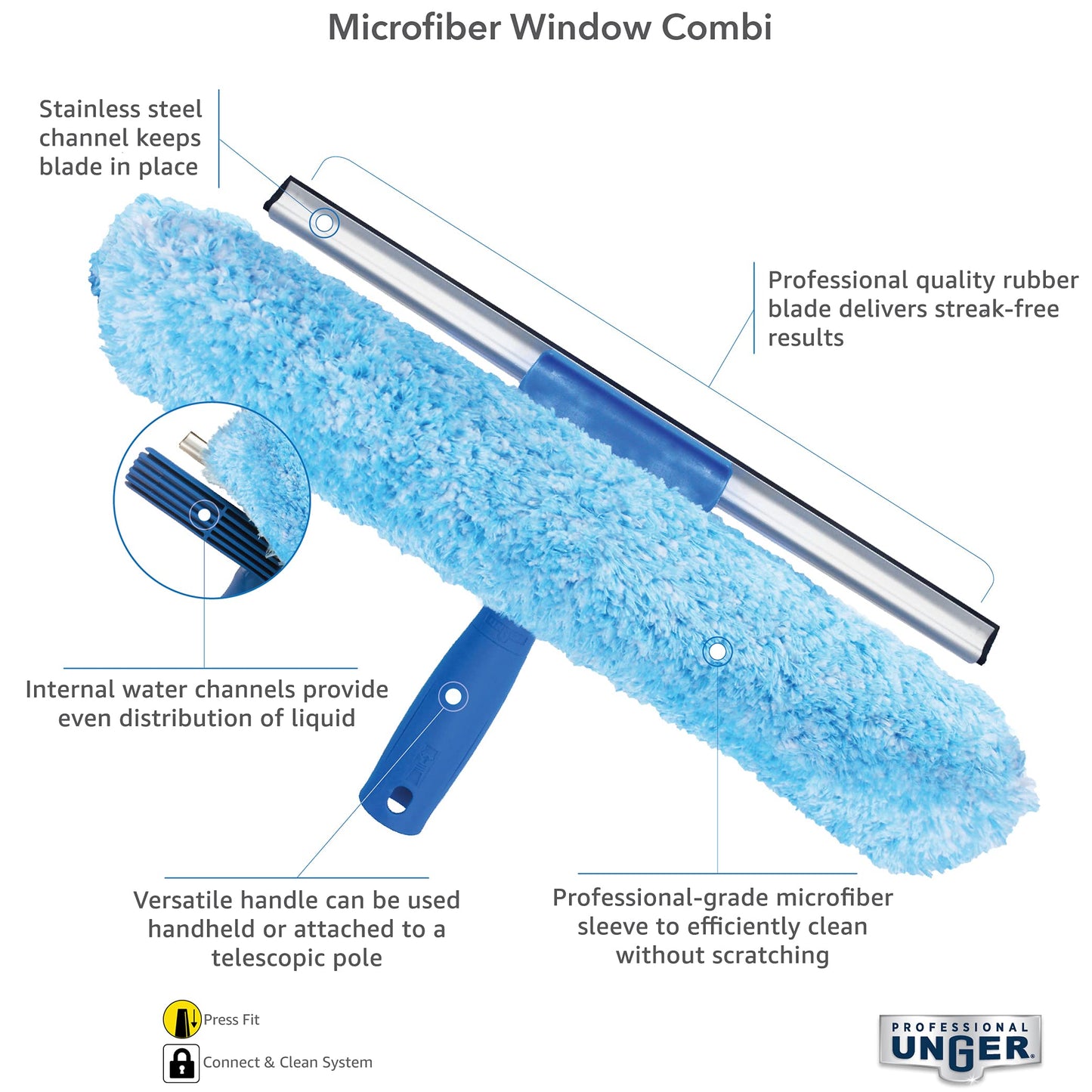 Unger Professional 2-in-1 Squeegee & Scrubber - 10” Window Cleaning Tool - Cleaning Supplies, Squeegee for Window Cleaning, Commercial & Residential