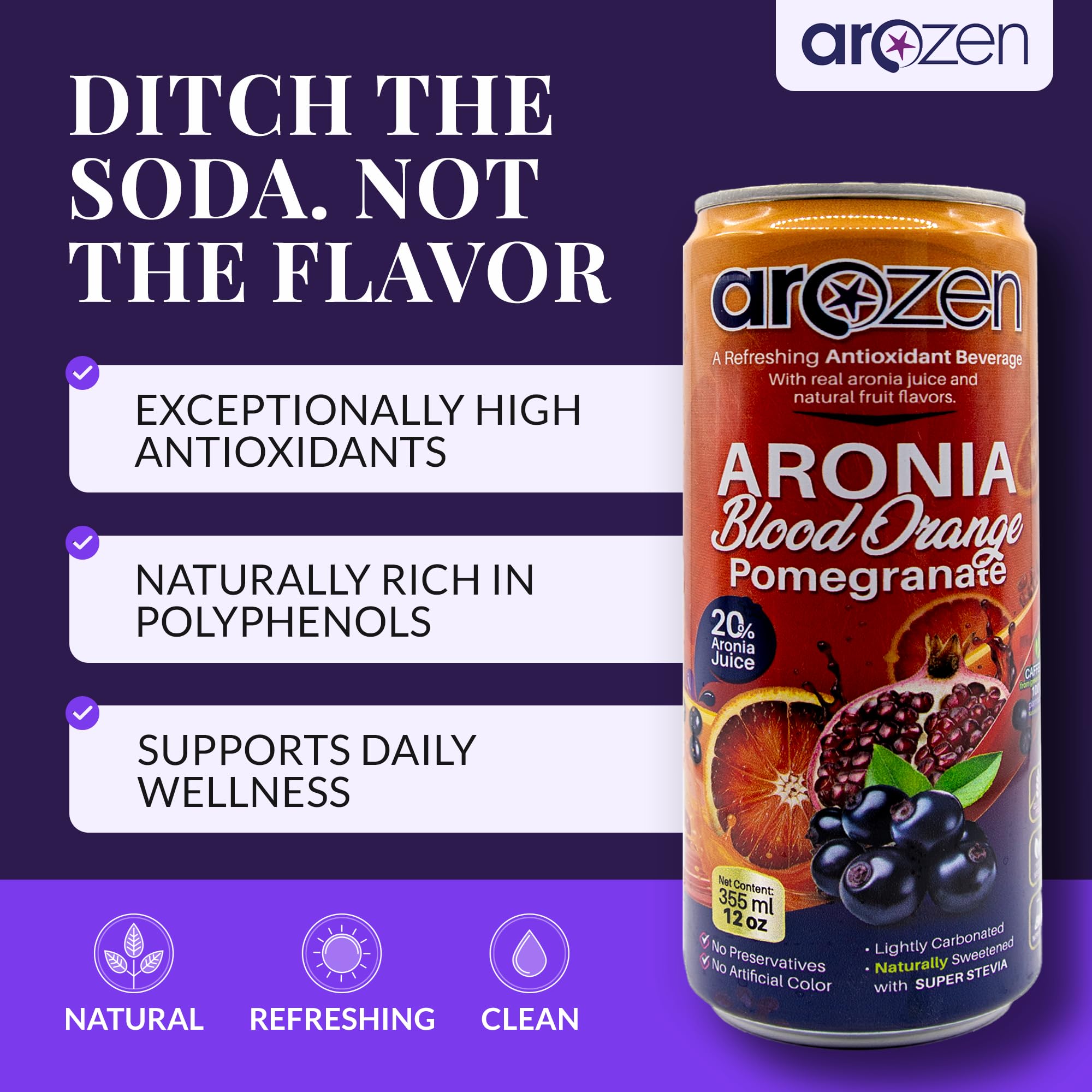 AROZEN Blood Orange Pomegranate Beverage, Antioxidant Energy Drink | Lightly Carbonated Citrus Wellness Drink with Green Tea Caffeine | Vegan Low
