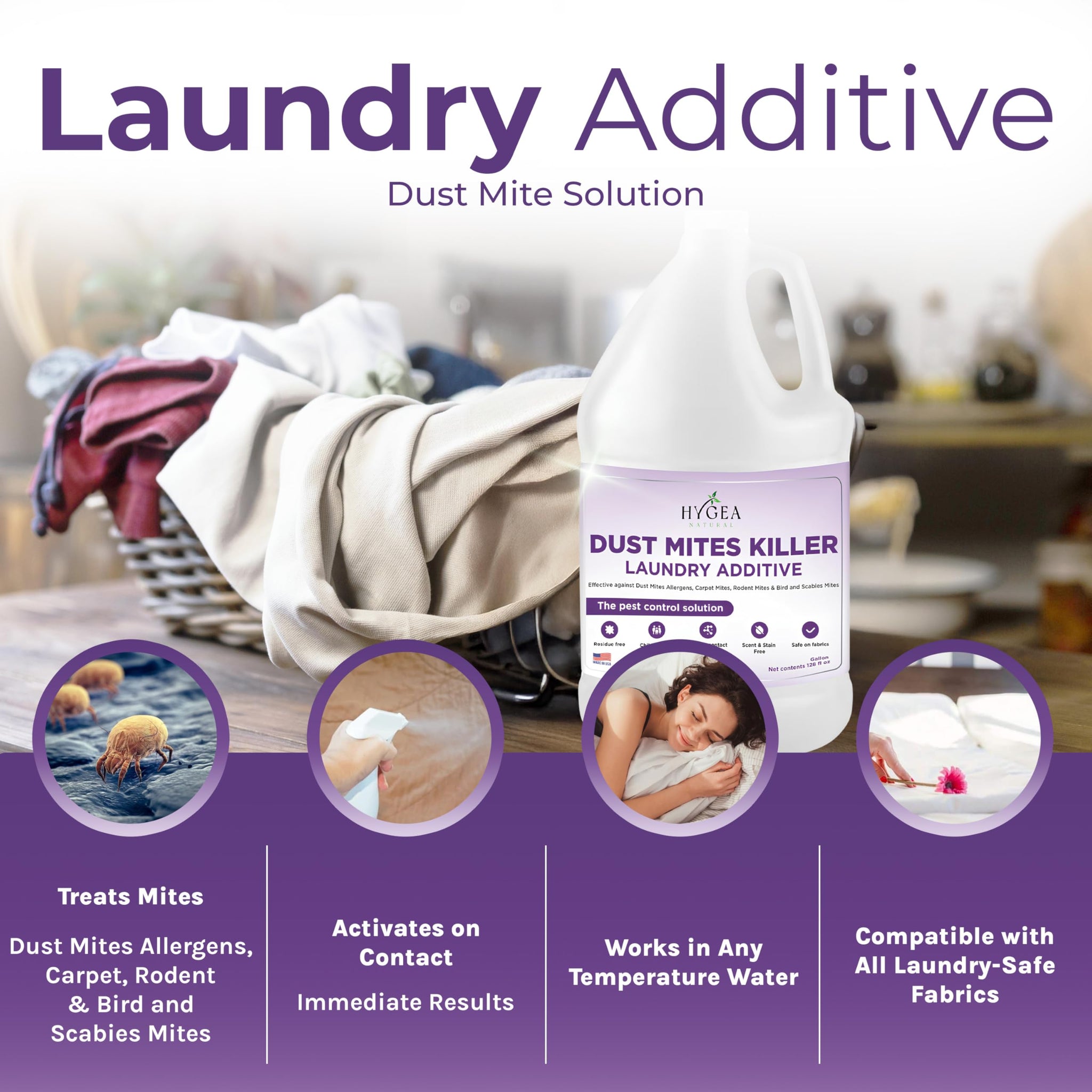 Hygea Natural Dust Mite Laundry Additive - Eliminates Dust, Carpet, Rodent, Bird & Mites - Pet & Child-Friendly, Eco-Friendly for Bedding, Clothing
