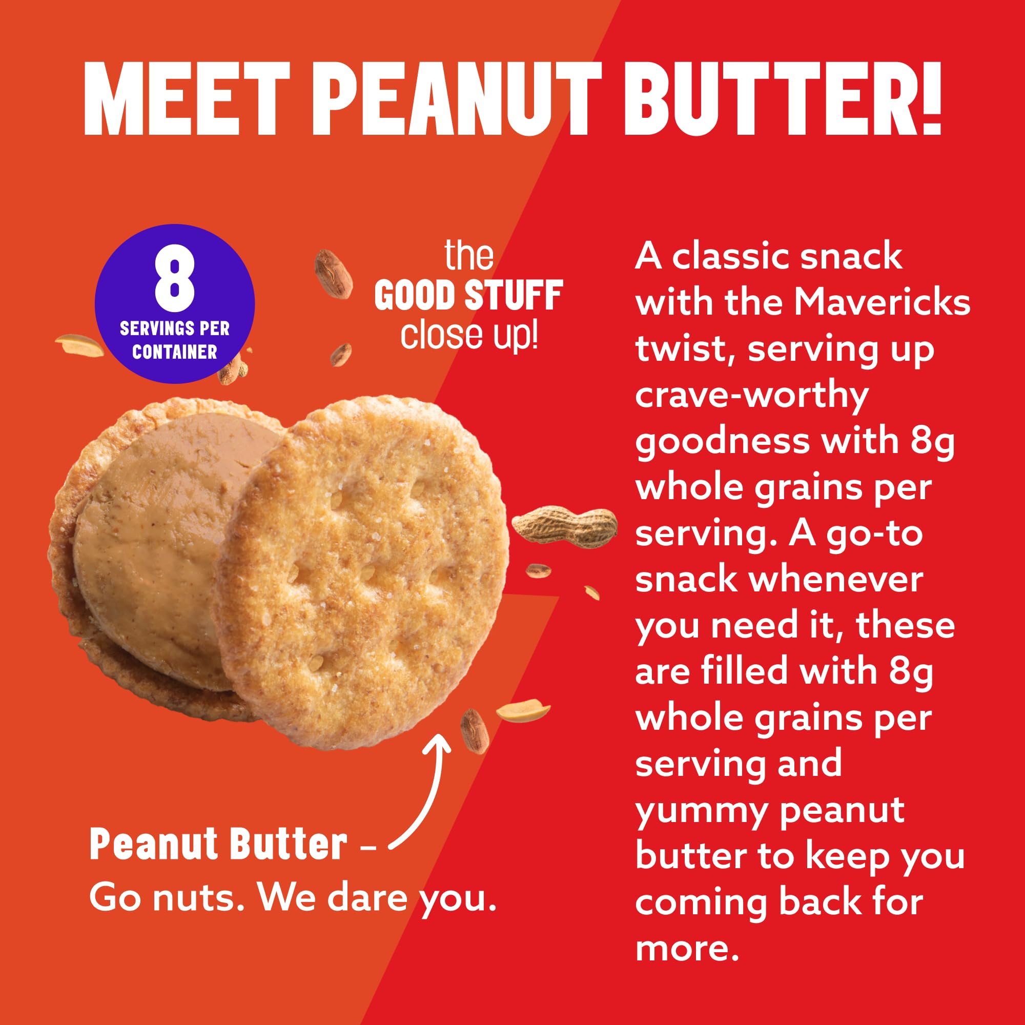 Mavericks Sandwich Crackers Peanut Butter - Plant-based Peanut Butter Sandwich Snack Crackers, Whole Grain, Non-GMO - Back to School - 7 oz Box (1