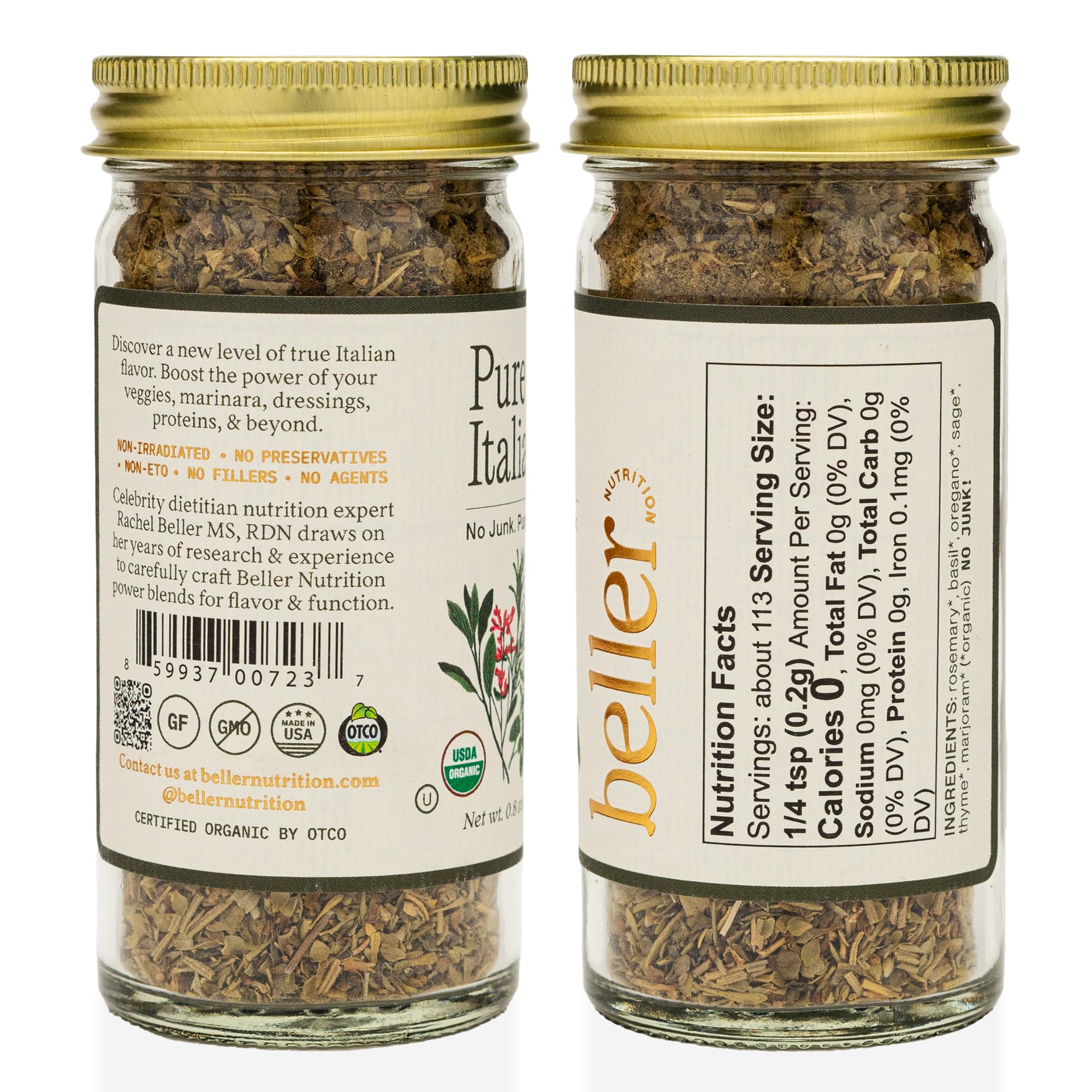 PURE ITALIAN | 0.8 oz | Organic Italian Seasoning Spice Blend for Authenticate Italian Cooking Made with Real Organic Herbs and Spices | Rachel Beller