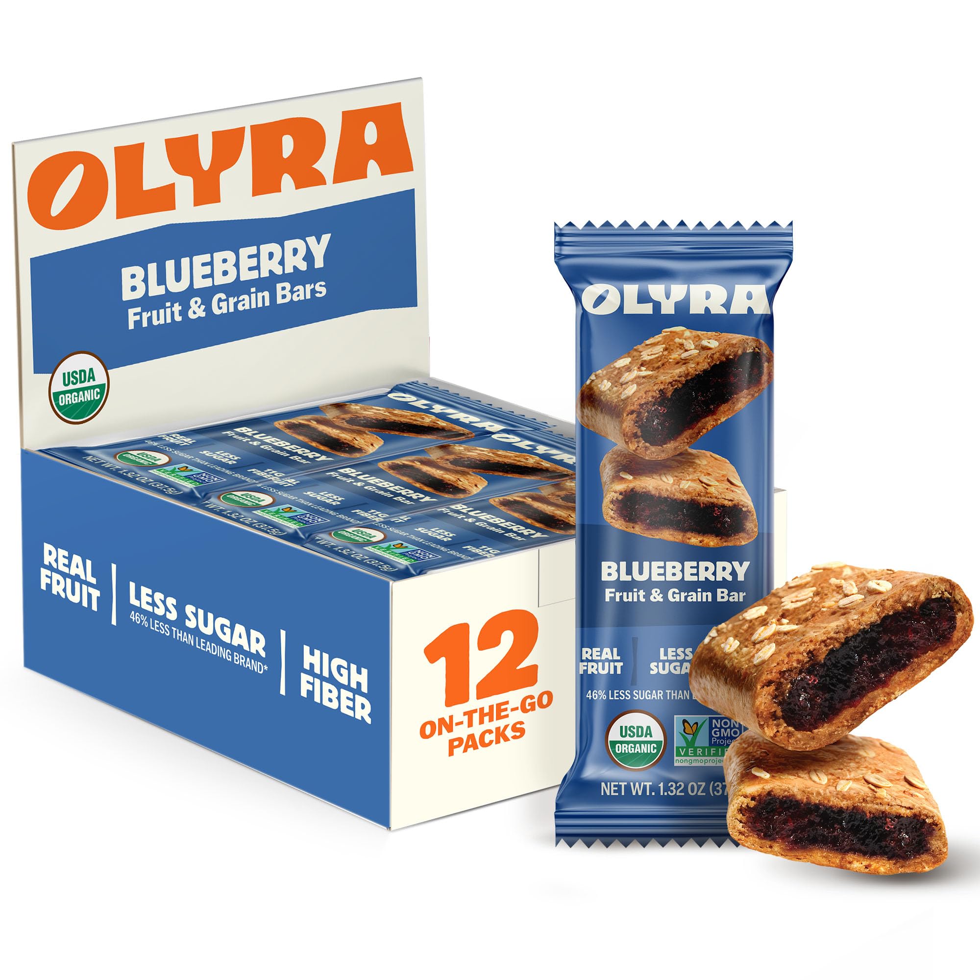 Olyra Blueberry Fruit Bars, Soft Baked, Prebiotic High Fiber Snack, Organic Snacks, Healthy Snacks for Adults and Kids, Low Sugar, Vegan, Office