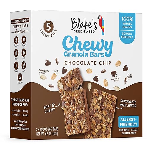 Blake’s Seed Based Chewy Granola Bars - Chocolate Chip (5 Count), Vegan, Gluten Free, Nut Free & Dairy Free, Healthy Snacks for Kids or Adults, School