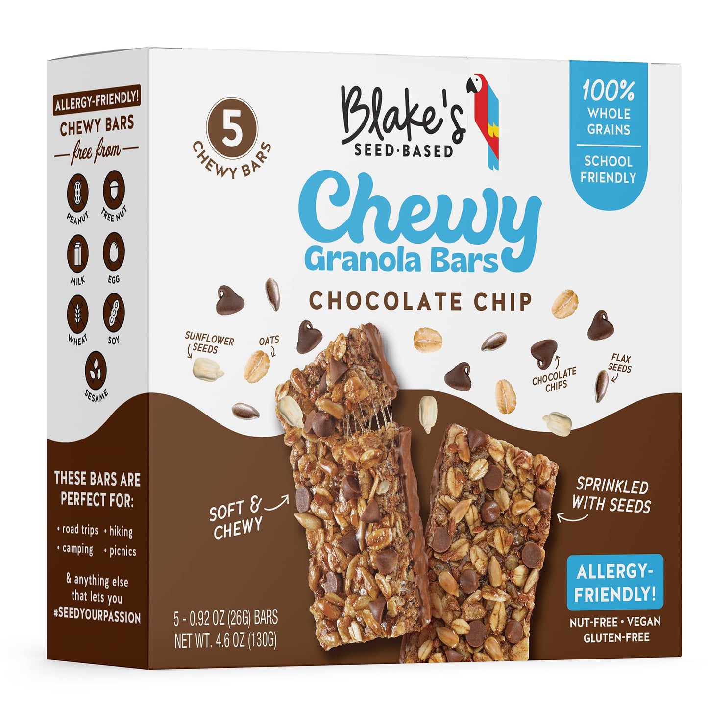 Blake’s Seed Based Chewy Granola Bars - Chocolate Chip (5 Count), Vegan, Gluten Free, Nut Free & Dairy Free, Healthy Snacks for Kids or Adults, School