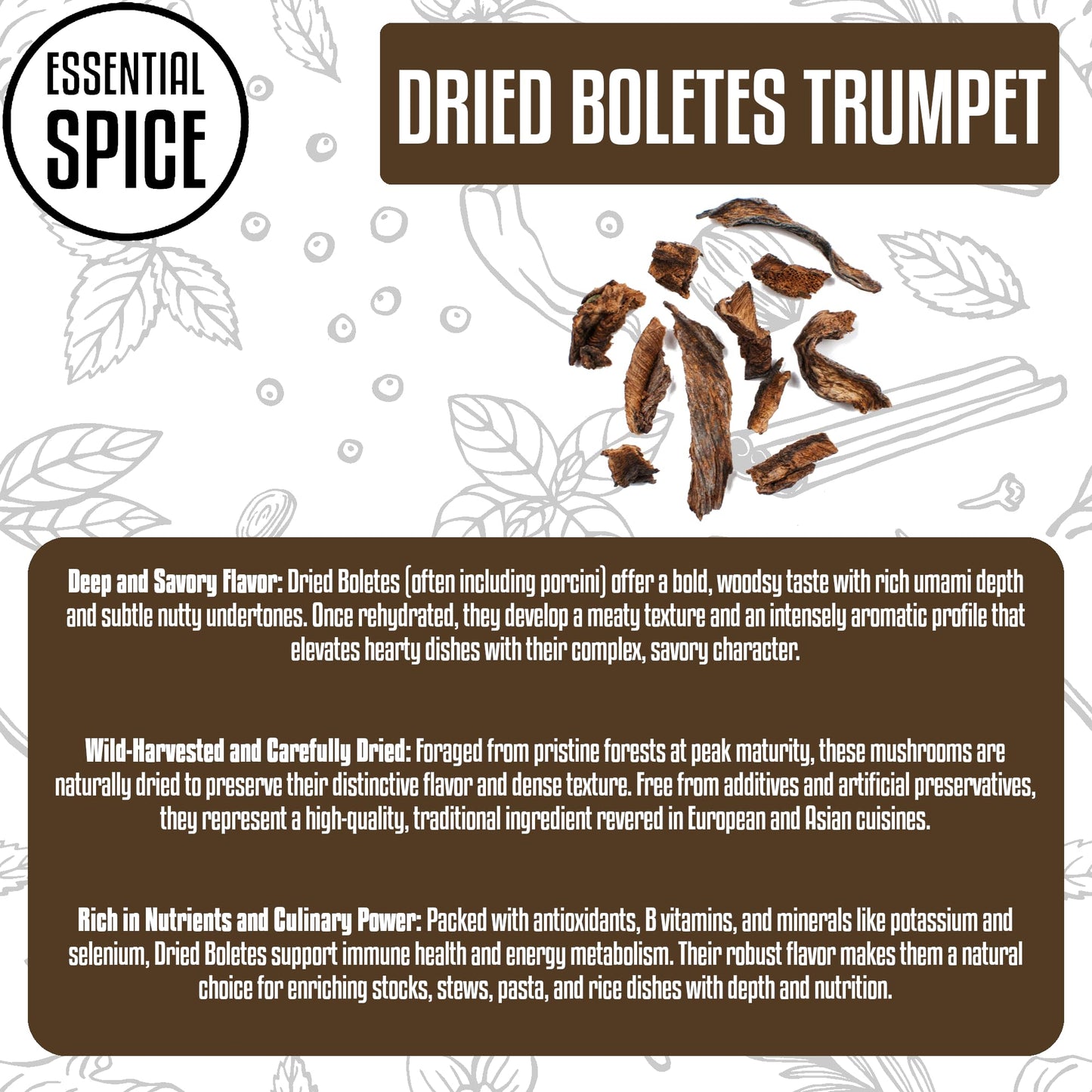 Essential Spice Dried Bolete Mushrooms - Whole, Bold Earthy Umami Flavor - Gourmet Wild Mushrooms for Broths, Stews, Sauces & Risottos - Easy