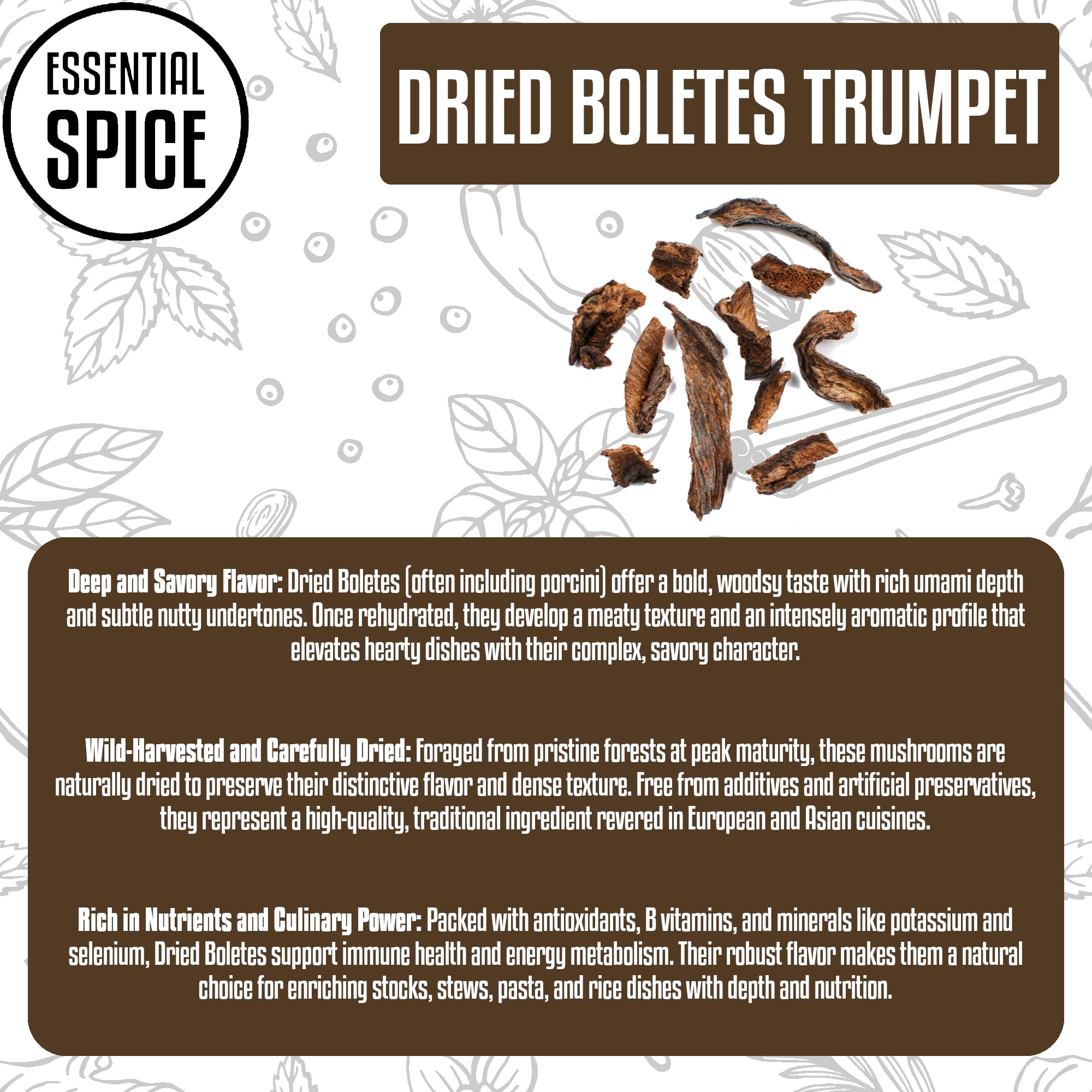 Essential Spice Dried Bolete Mushrooms - Whole, Bold Earthy Umami Flavor - Gourmet Wild Mushrooms for Broths, Stews, Sauces & Risottos - Easy