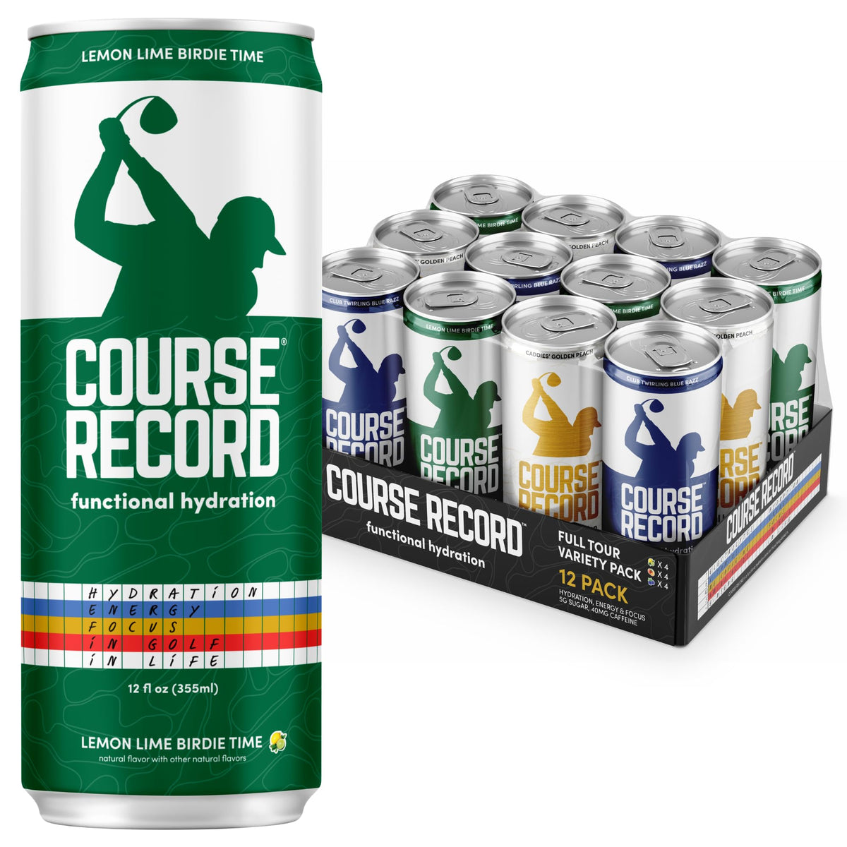 Functional Hydration Drink for Golfers - COURSE RECORD Variety Pack - Electrolytes, Calm Energy & Focus - Healthy Sports Drink - 12-Pack (12oz Cans)