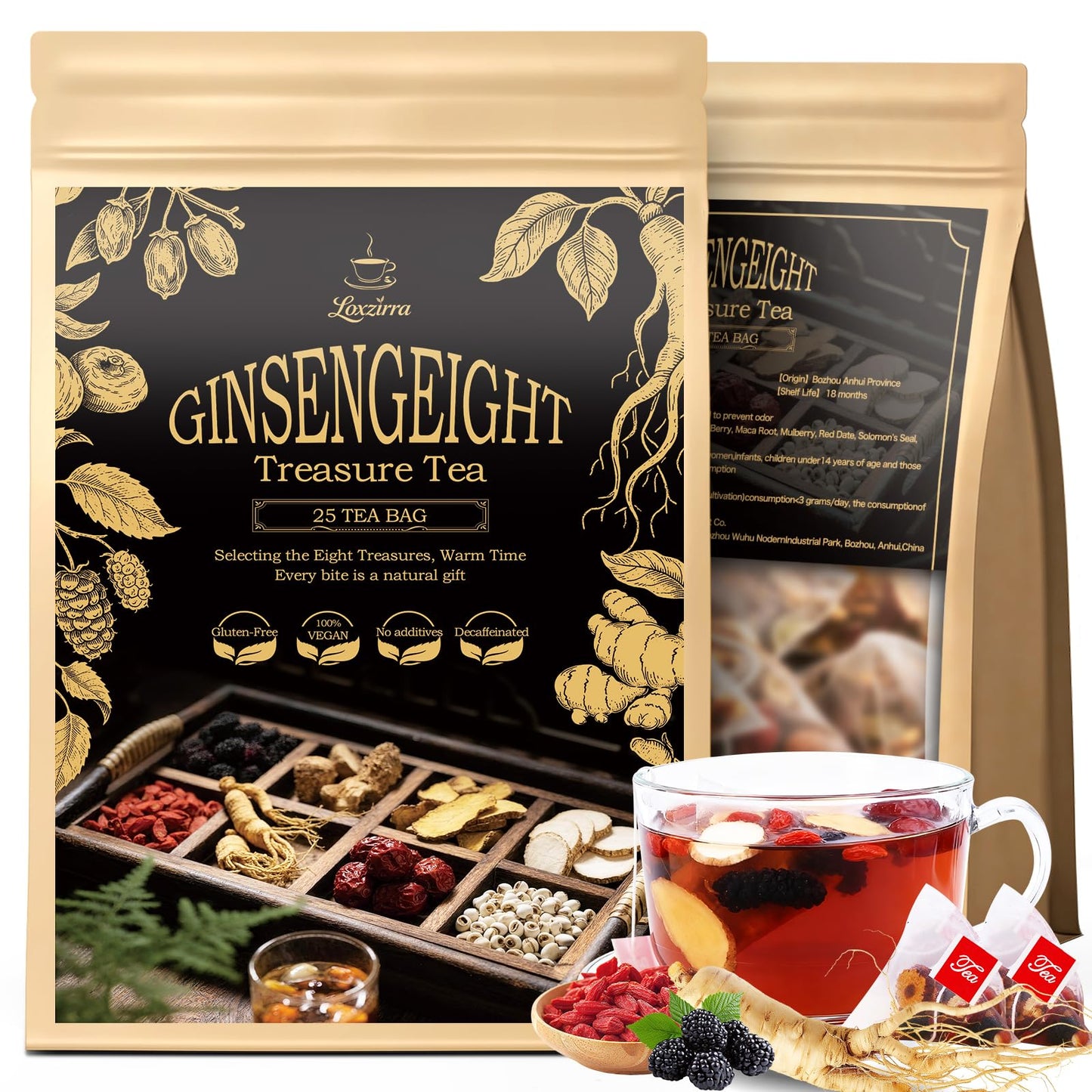Kidney Tea Formula Ginseng Six Treasure Tea, Kidney Cleanse Detox & Repair with 8 Precious Ingredients for Men and Women, Traditional Plant Root Blend