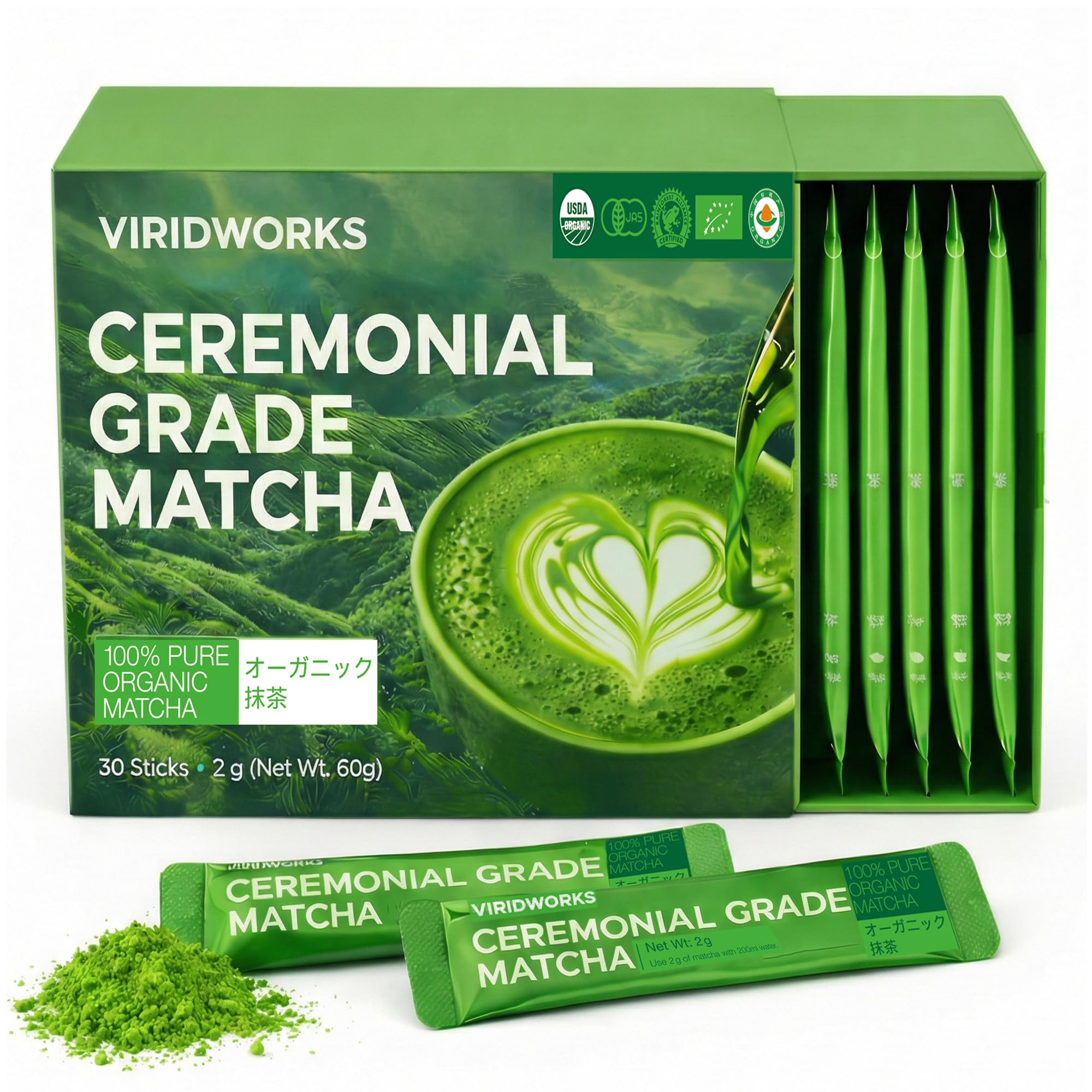 Viridworks Organic Matcha Green Tea Powder Stick Packs - Ceremonial Grade (First Spring Harvest) - Unsweetened Single Serve Packets - USDA, JAS