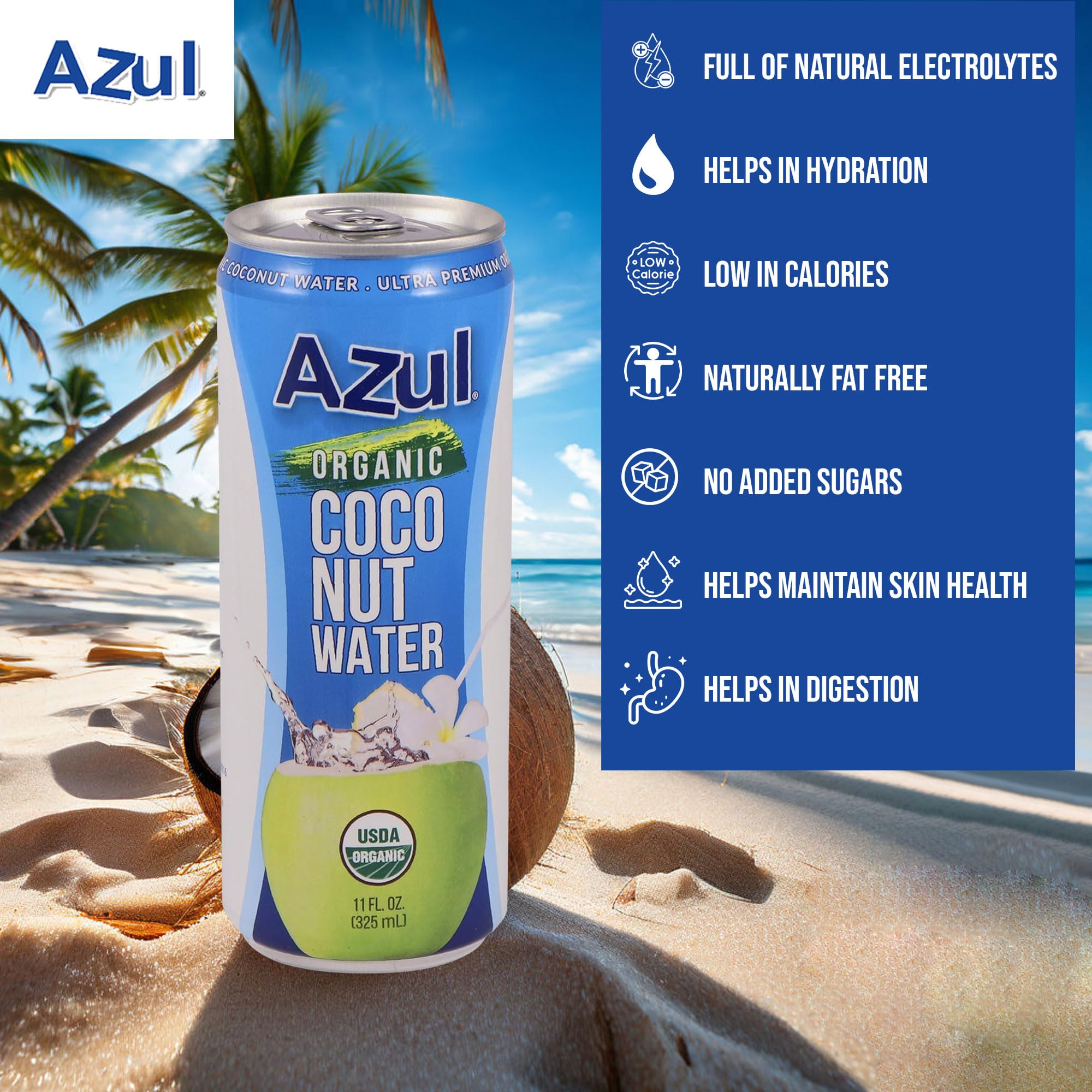 Azul Coconut Water Can, Natural Hydrating Electrolyte, 100% Organic, No Sugar Added Coconut Drink without Pieces, Gluten Free, No Artificial