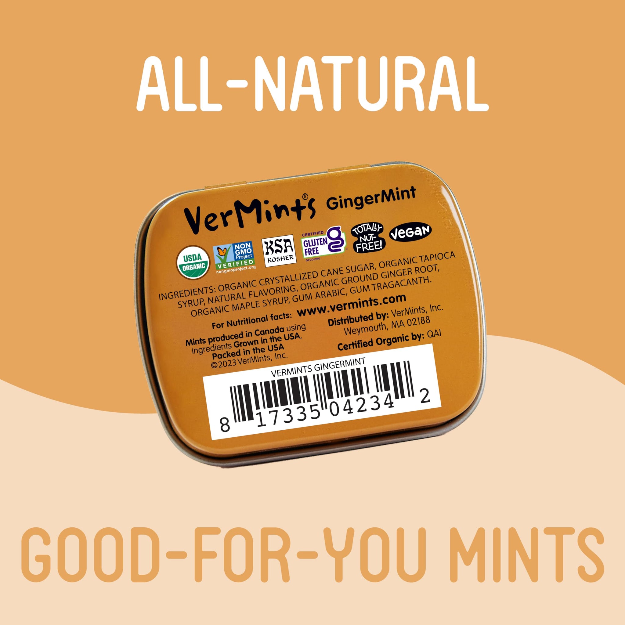 VerMints Organic Breath Mints GingerMint - Real Ginger Flavored Candies - Travel Size Tin - Non-GMO, Nut Free, Gluten Free, Vegan, Kosher & Organic