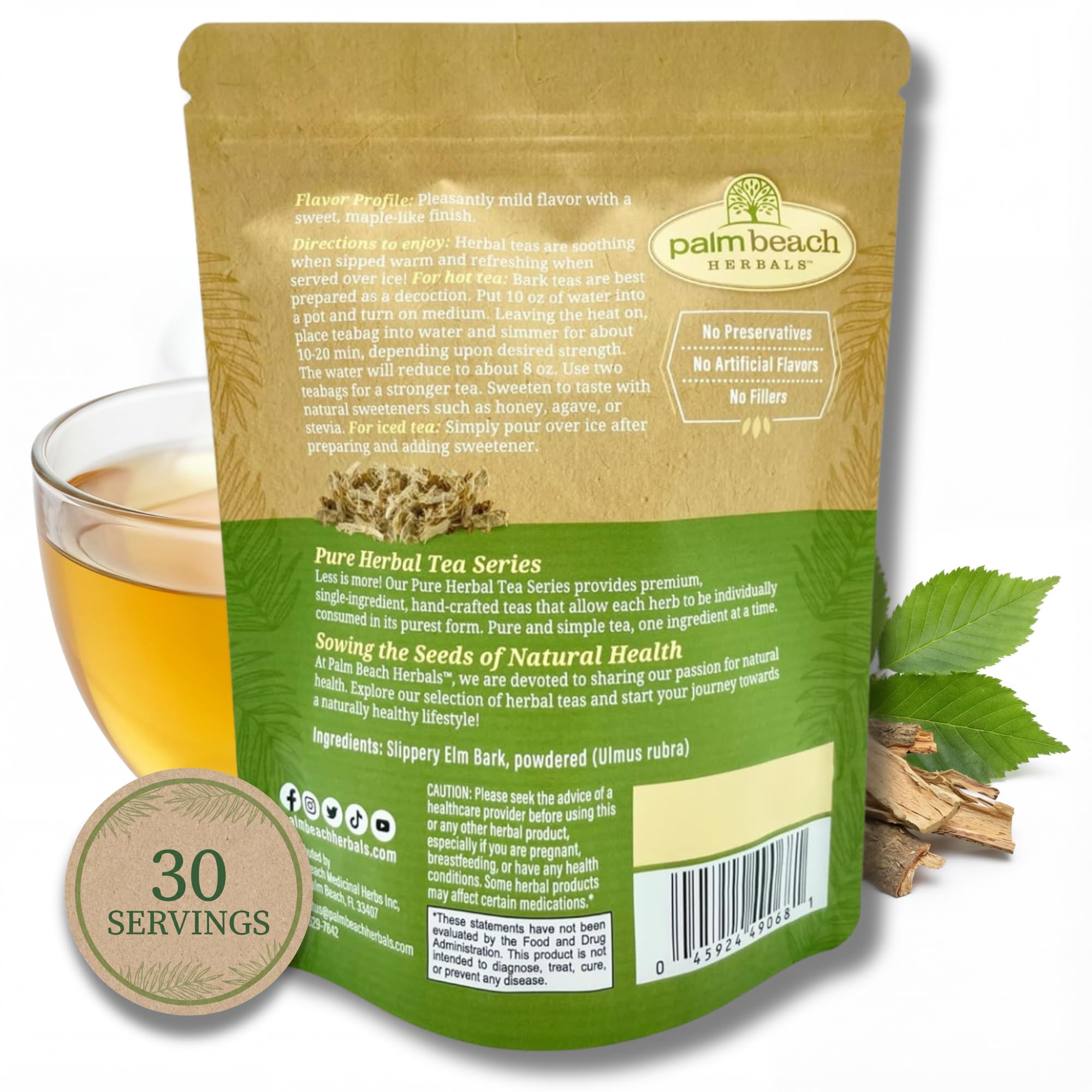 Palm Beach Medicinal Herbs Slippery Elm Tea - Slippery Elm Bark for Throat, Digestive and Wellness Support - Caffeine Free - Sugar Free - 30 Herbal