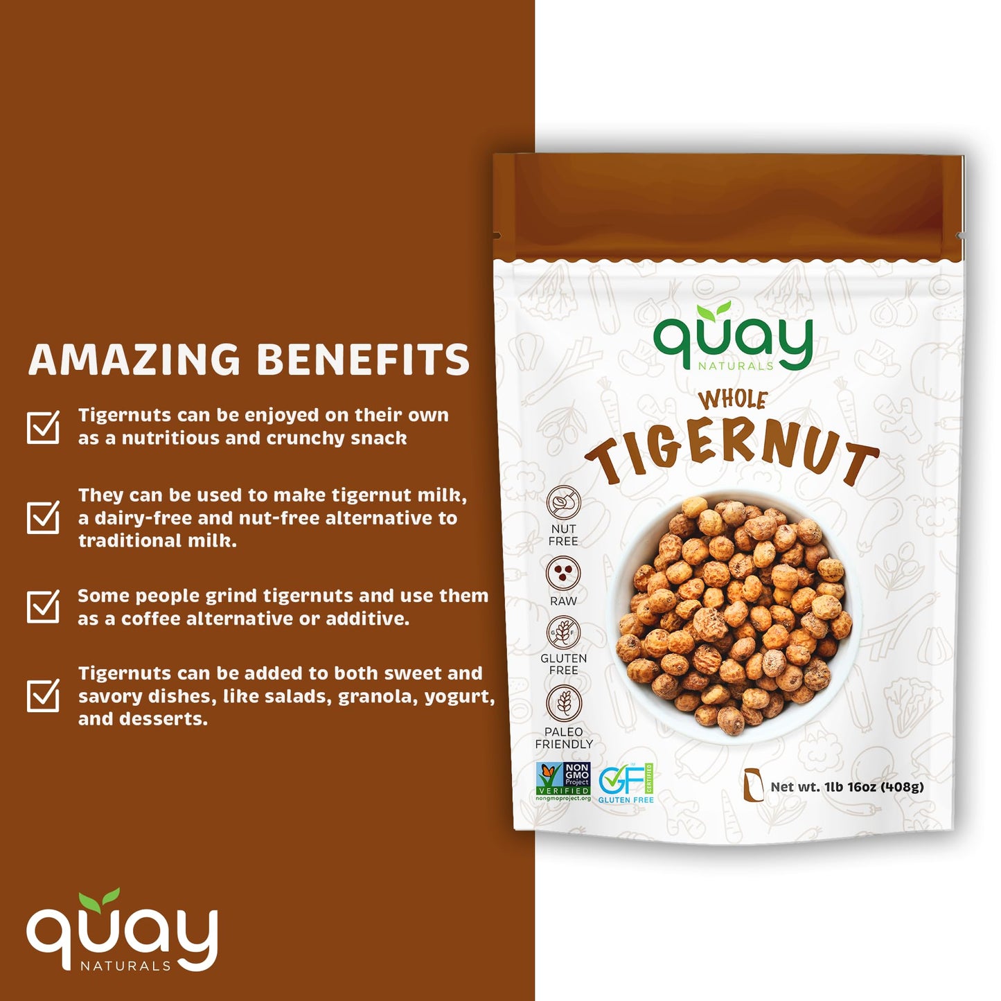 Quay Naturals Organic Tigernuts 16 oz, Raw, for Snacking, Baking, Smoothies, Yogurt & Salad - Chufa Nuts - High Fiber, Gluten Free & Keto Friendly