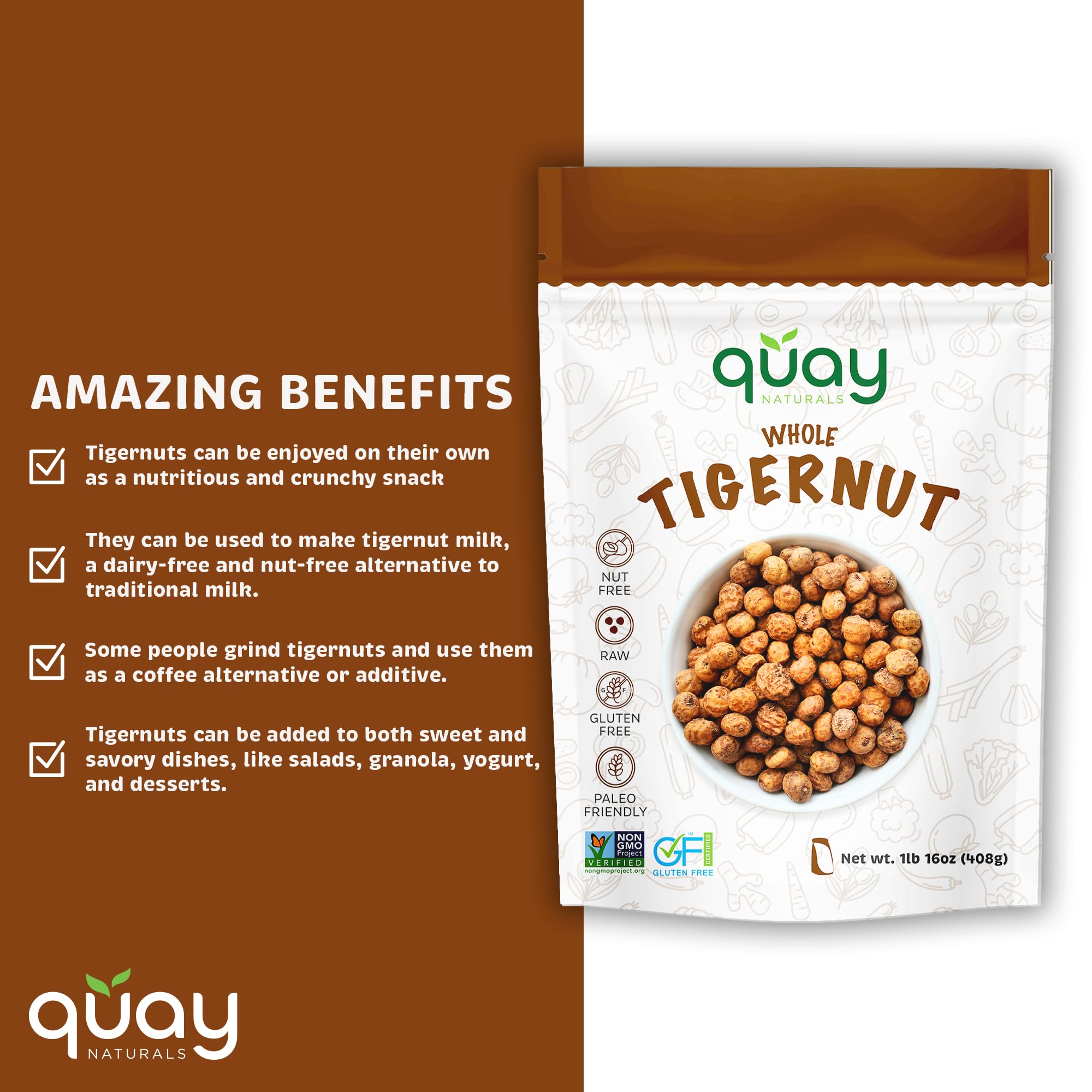 Quay Naturals Organic Tigernuts 16 oz, Raw, for Snacking, Baking, Smoothies, Yogurt & Salad - Chufa Nuts - High Fiber, Gluten Free & Keto Friendly