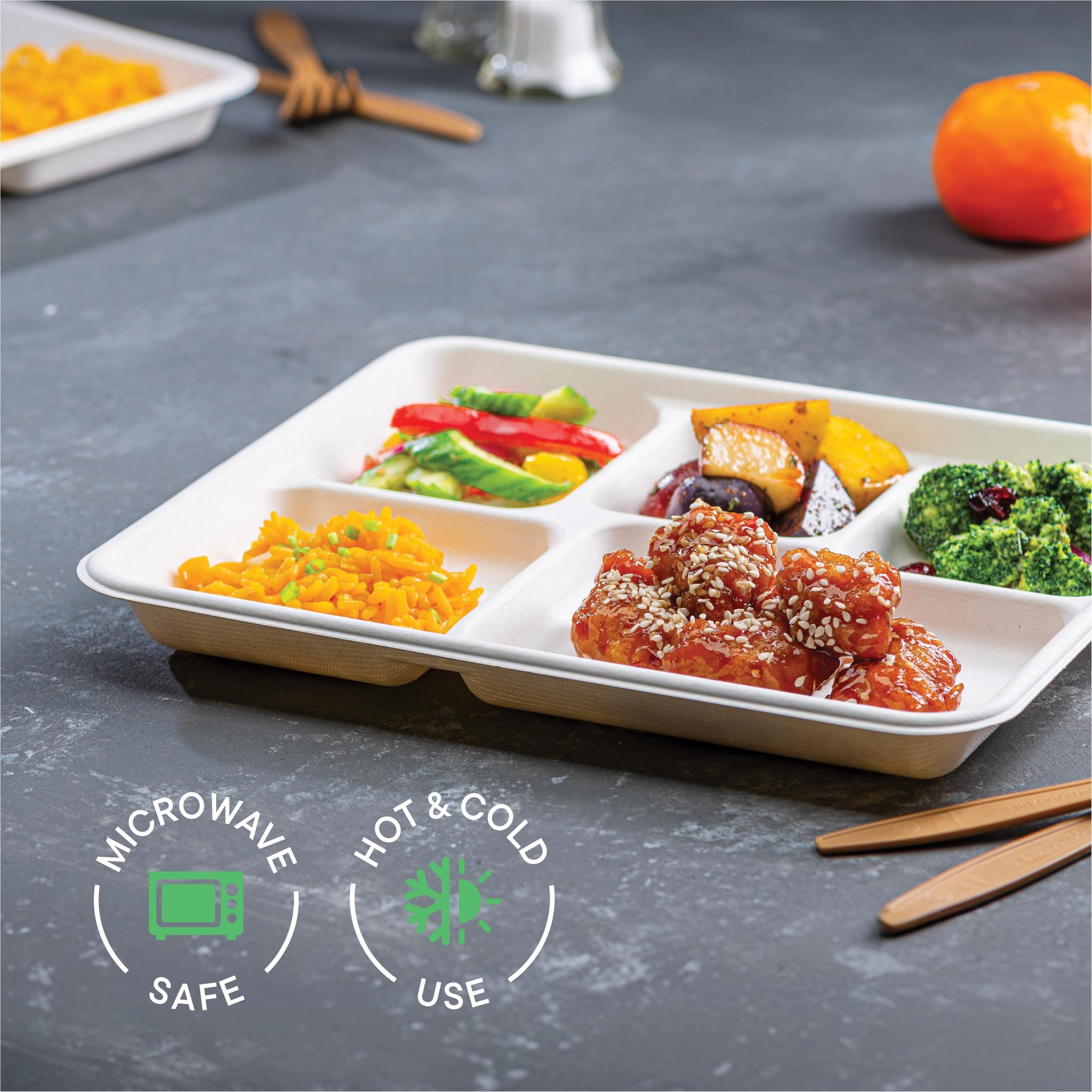 [Case - 500-Pack] 100% Compostable Paper Plates with 5 Compartments Disposable - School Lunch Tray Natural White - Heavy Duty Quality Disposable Tray