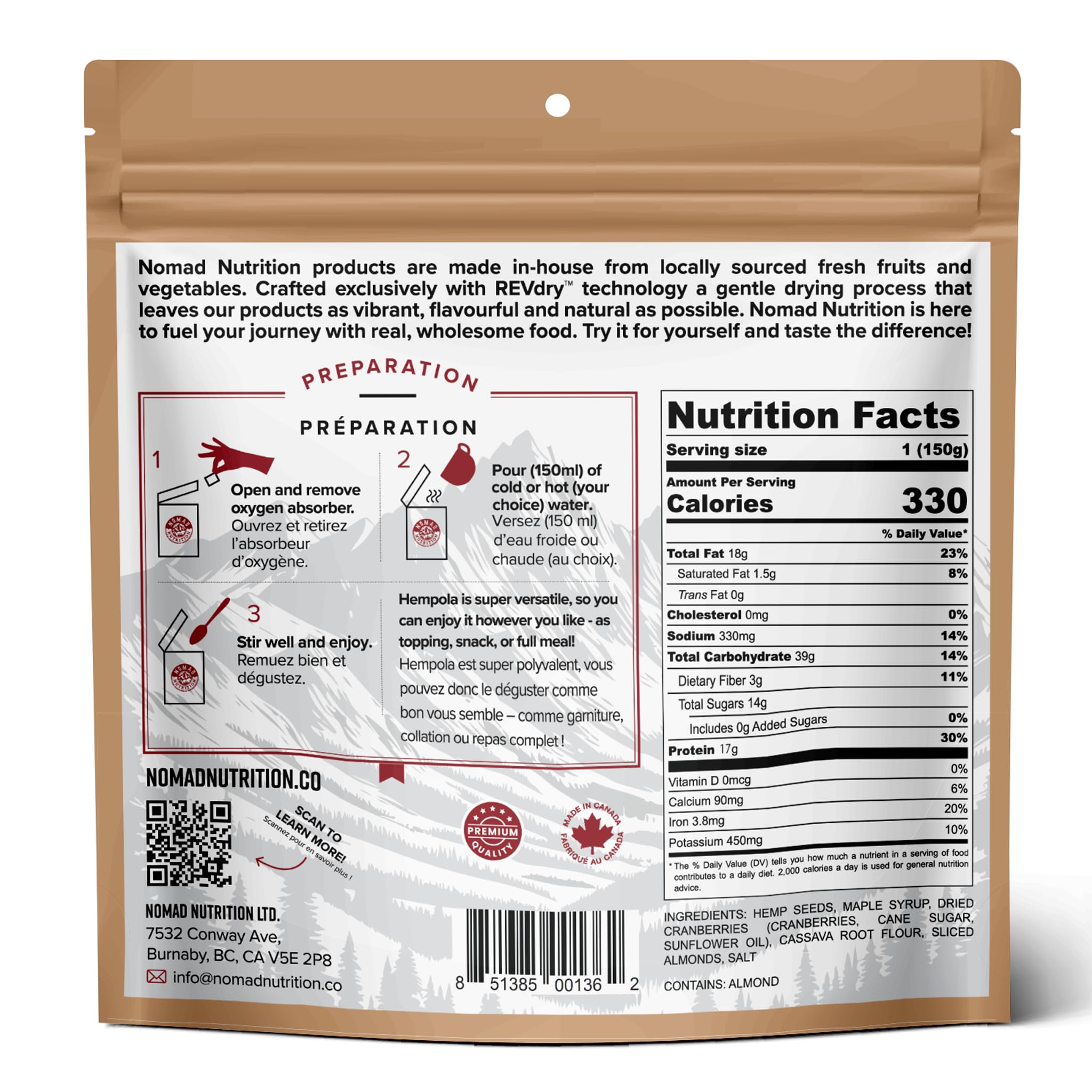 Nomad Nutrition Westcoast Hempola - Original Cereal | Granola Instant Freeze Dried Backpacking & Camping Food | Plant-Based, Non-GMO Hiking Meals
