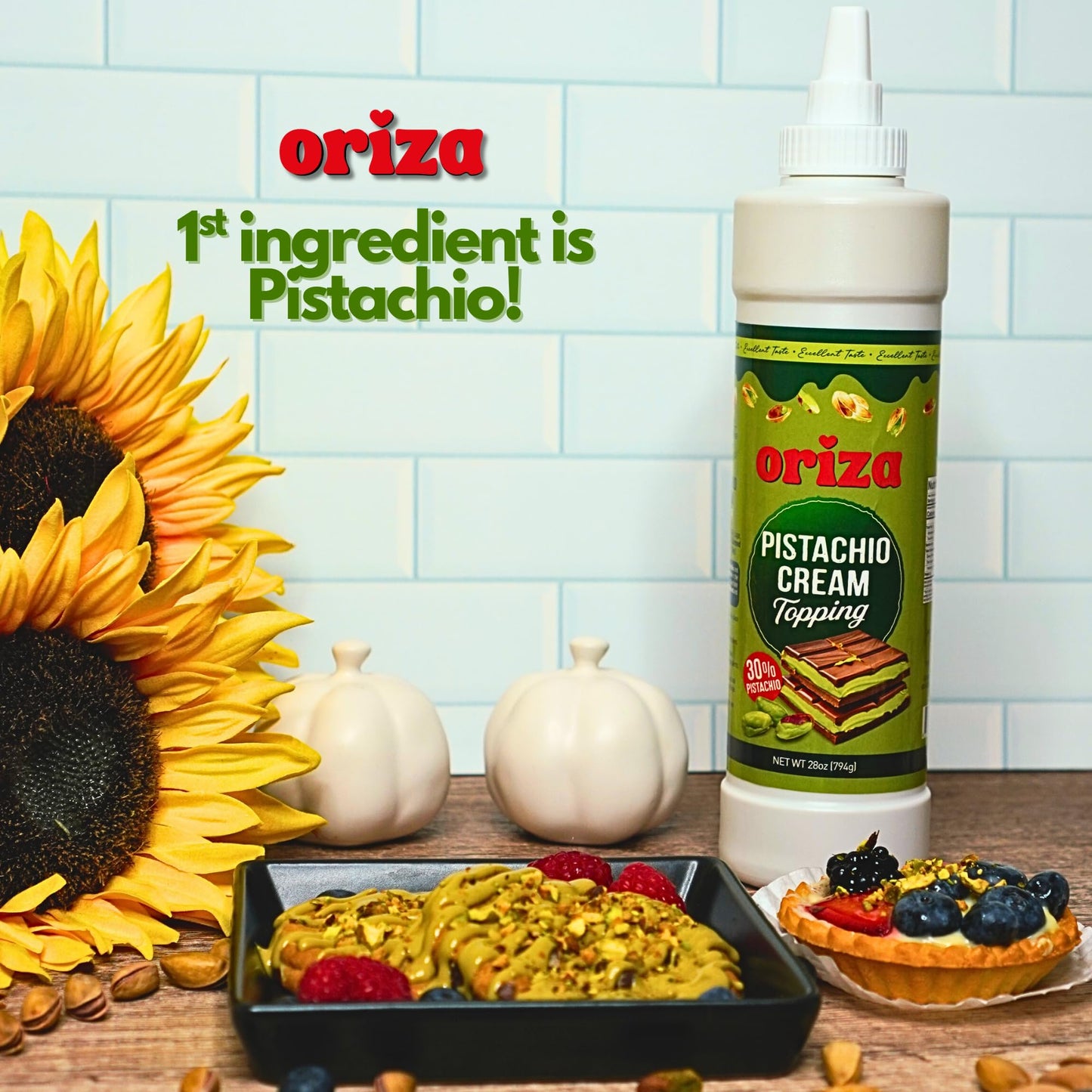Oriza Pistachio Cream Topping, 28oz/800g Bottle - Premium Pistachio Spread with 30% Pistachios, Palm Oil Free, Non-GMO, Natural Color - Dessert, Latte