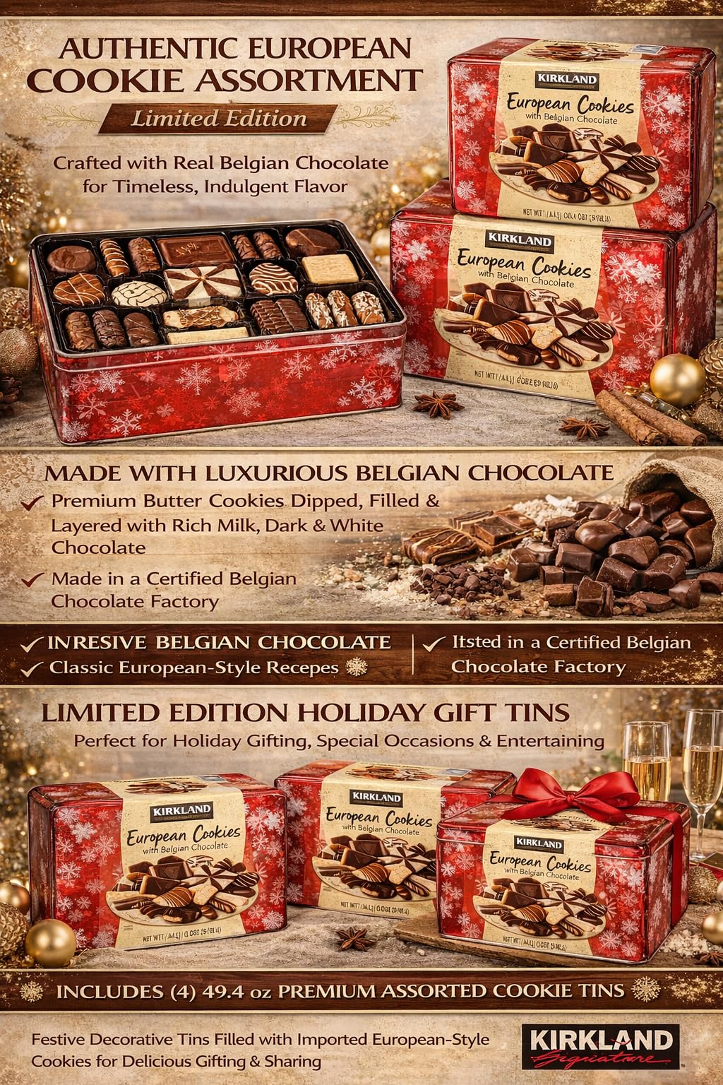 European Cookies LIMITED EDITITON Kirkland Signature with Belgian Chocolate, 49.4 Ounce, 4 Pack