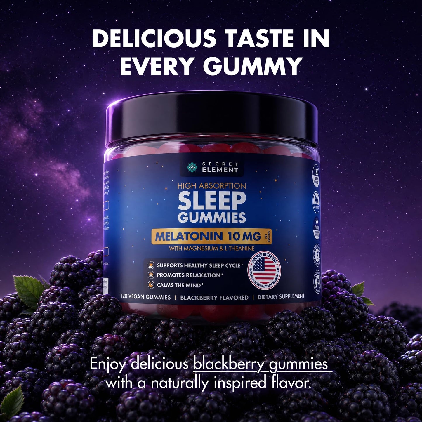 Blackberry Gummies Melatonin 10mg, Magnesium & L-Theanine - Vegan, Non-GMO, Sugar Free