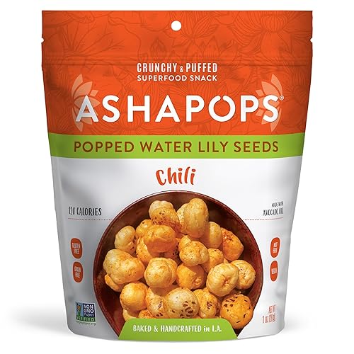 AshaPops Chili Flavored Popped Water Lily Seeds, 1 oz (Pack of 1) - Gluten-Free, Vegan, Paleo, Nut-Free, Corn-Free, Soy-Free, Non-GMO, Delicious