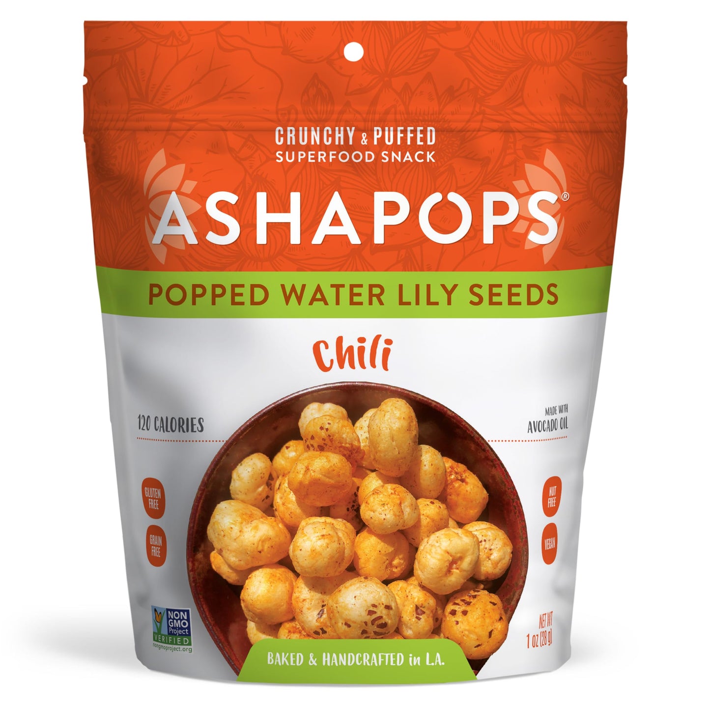 AshaPops Chili Flavored Popped Water Lily Seeds, 1 oz (Pack of 1) - Gluten-Free, Vegan, Paleo, Nut-Free, Corn-Free, Soy-Free, Non-GMO, Delicious
