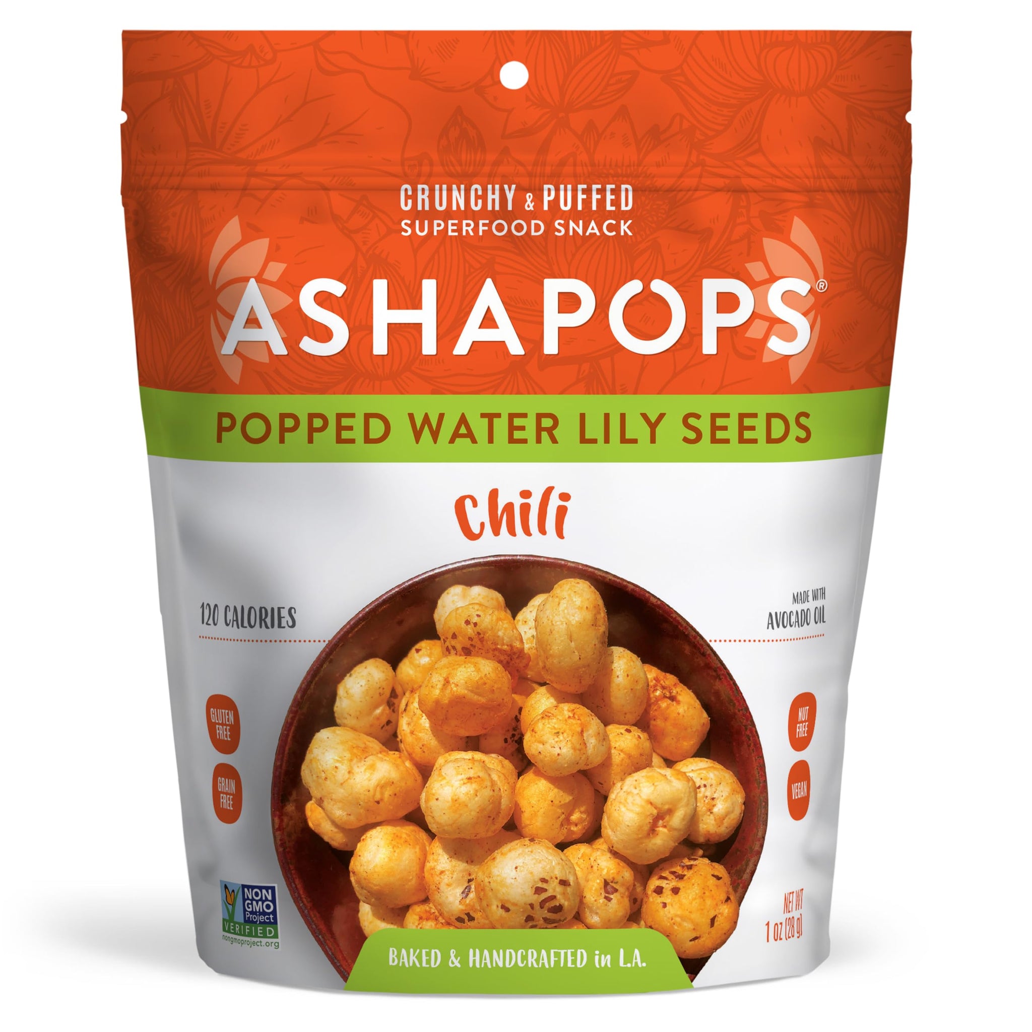 AshaPops Chili Flavored Popped Water Lily Seeds, 1 oz (Pack of 1) - Gluten-Free, Vegan, Paleo, Nut-Free, Corn-Free, Soy-Free, Non-GMO, Delicious