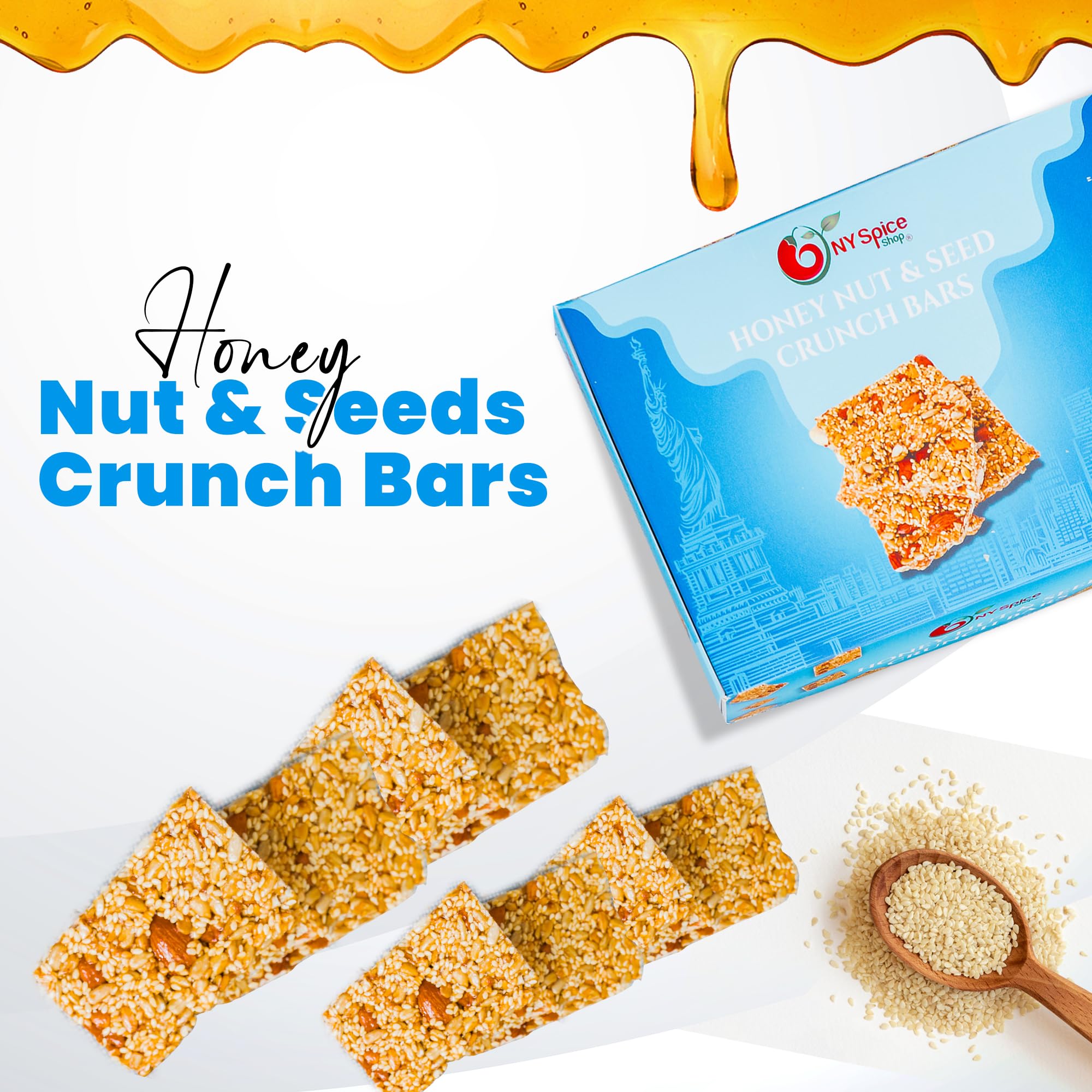 NY Spice Shop Honey Nut and Seed Snack Bar - 1 Pound Sesame Snacks Nuts & Seed Snaps Honey Candy with Almonds, Cashews & Sunflower Seeds - Healthy