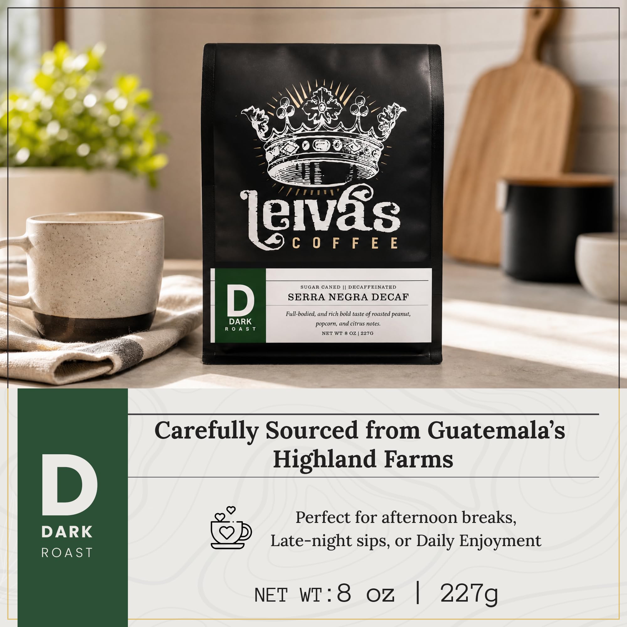 Leiva’s Decaf Ground Coffee (8oz), Guatemalan Ground Dark Roast Coffee - Serra Negra Organic Decaffeinated Coffee Ground w/Roasted Peanut, Popcorn