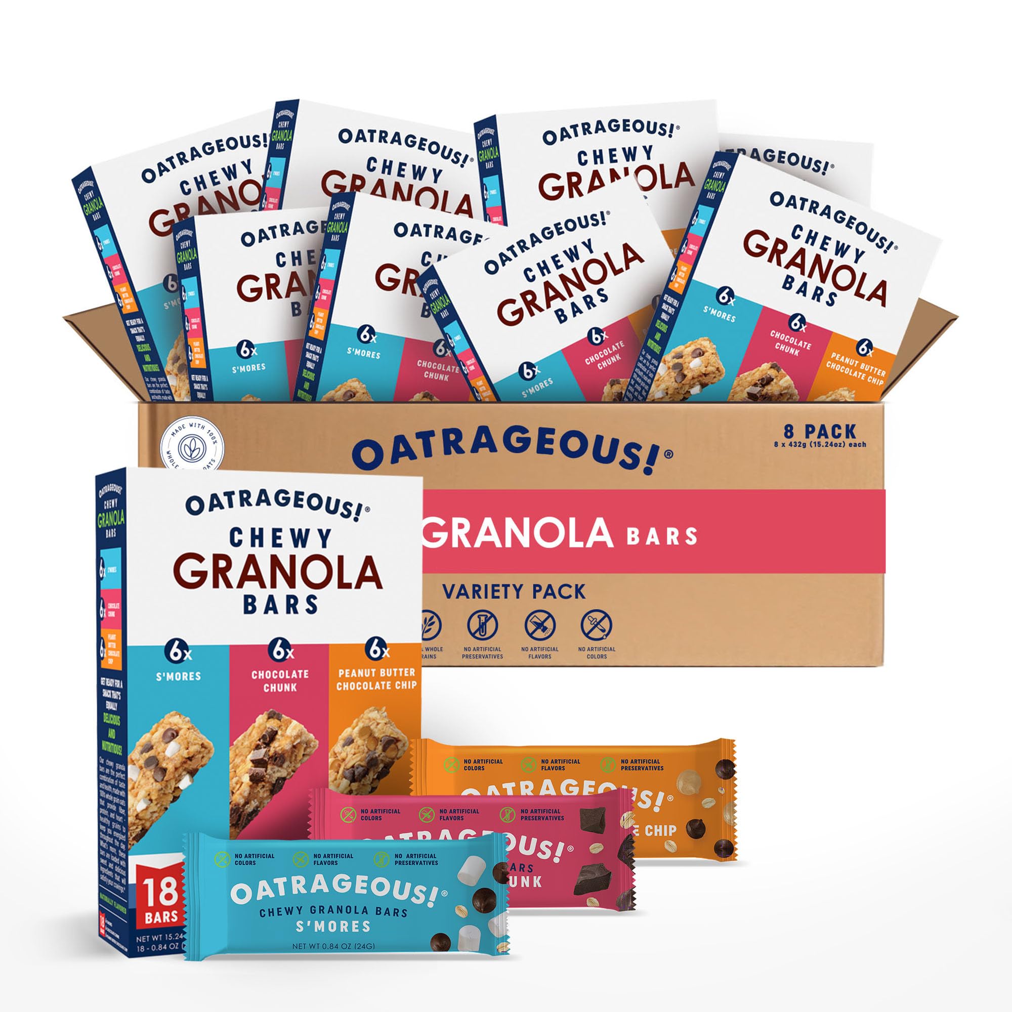 OATRAGEOUS! Chewy Granola Bars Variety Bundle, Peanut Butter Chocolate Chip, Chocolate Chunk & S'mores, Made with Whole Grain Oats, Breakfast Bars