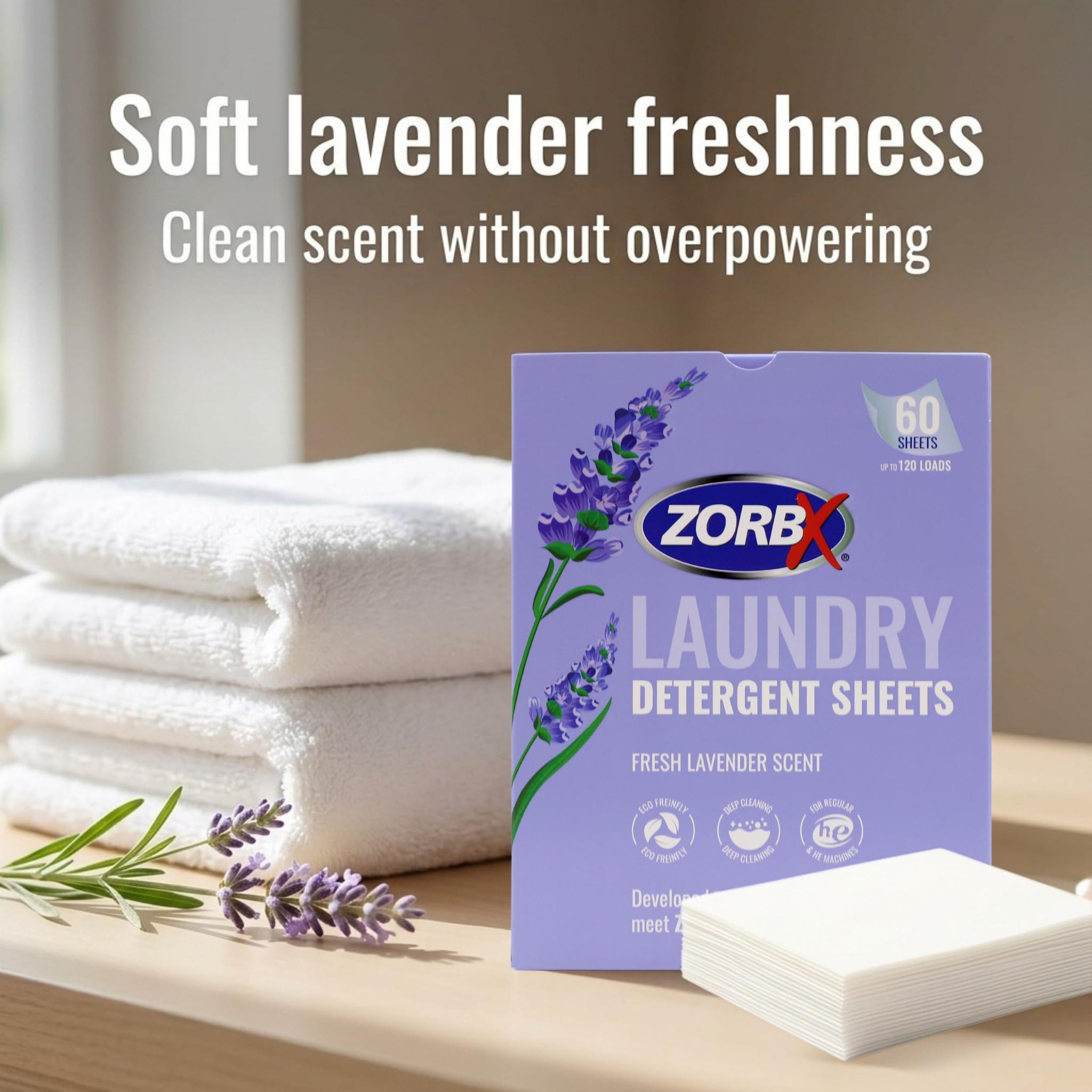 ZORBX Lavender Scented Laundry Detergent Sheets (60 Ct for Up to 120 Loads) - Liquid-less, Quick Dissolving Laundry Soap Sheets for Tackling Tough