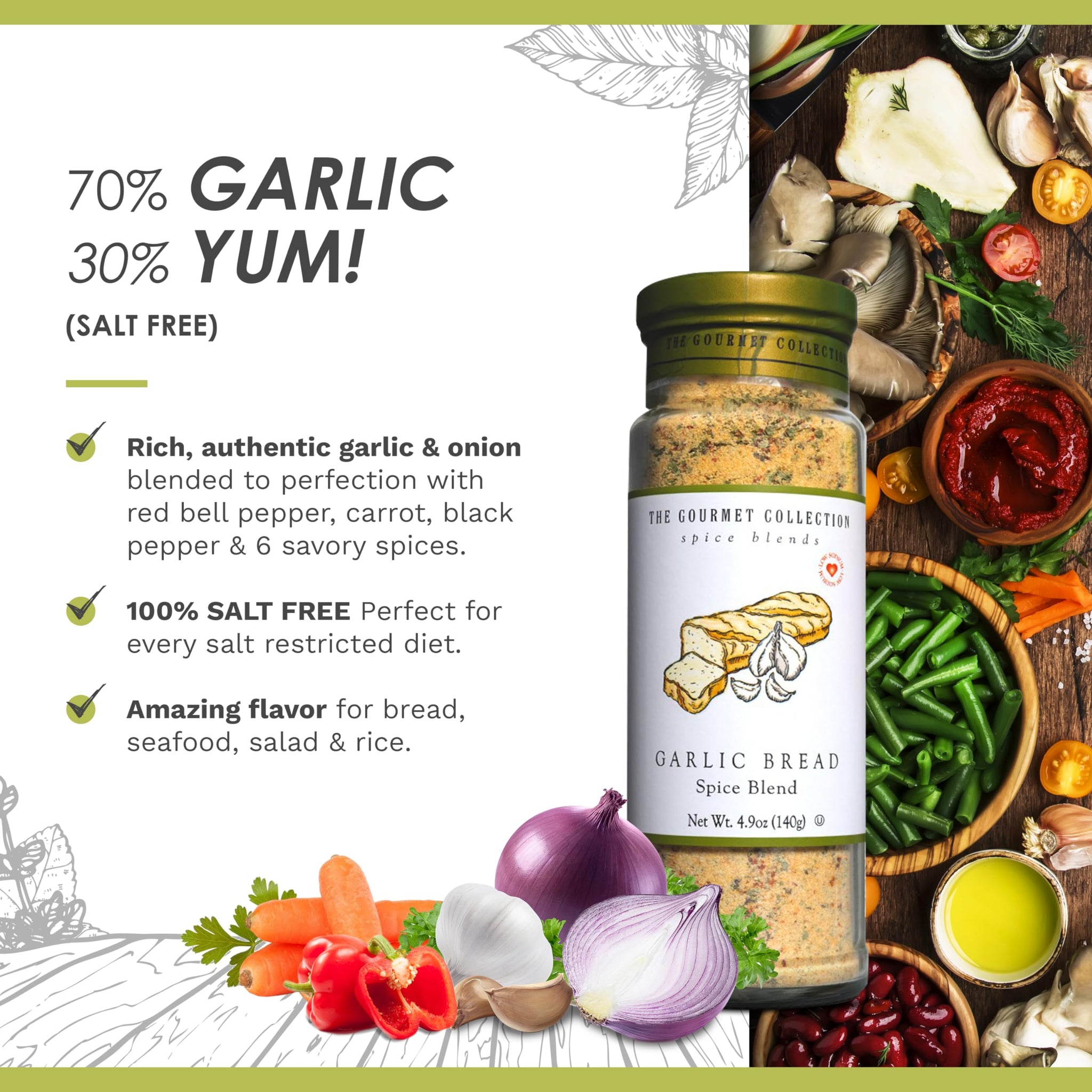 The Gourmet Collection Spice Blends Garlic Bread Spice Blend - Garlic Butter Seasoning for Cooking - Salt Free - Bread, Rice, Salad Dressing.