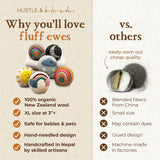 Hustle & Blush Fluff Ewes Wool Dryer Balls 6 Pack - XL Rainbow or Shine Premium New Zealand Laundry Set, Reduces Drying Time, Static Control, Chemical