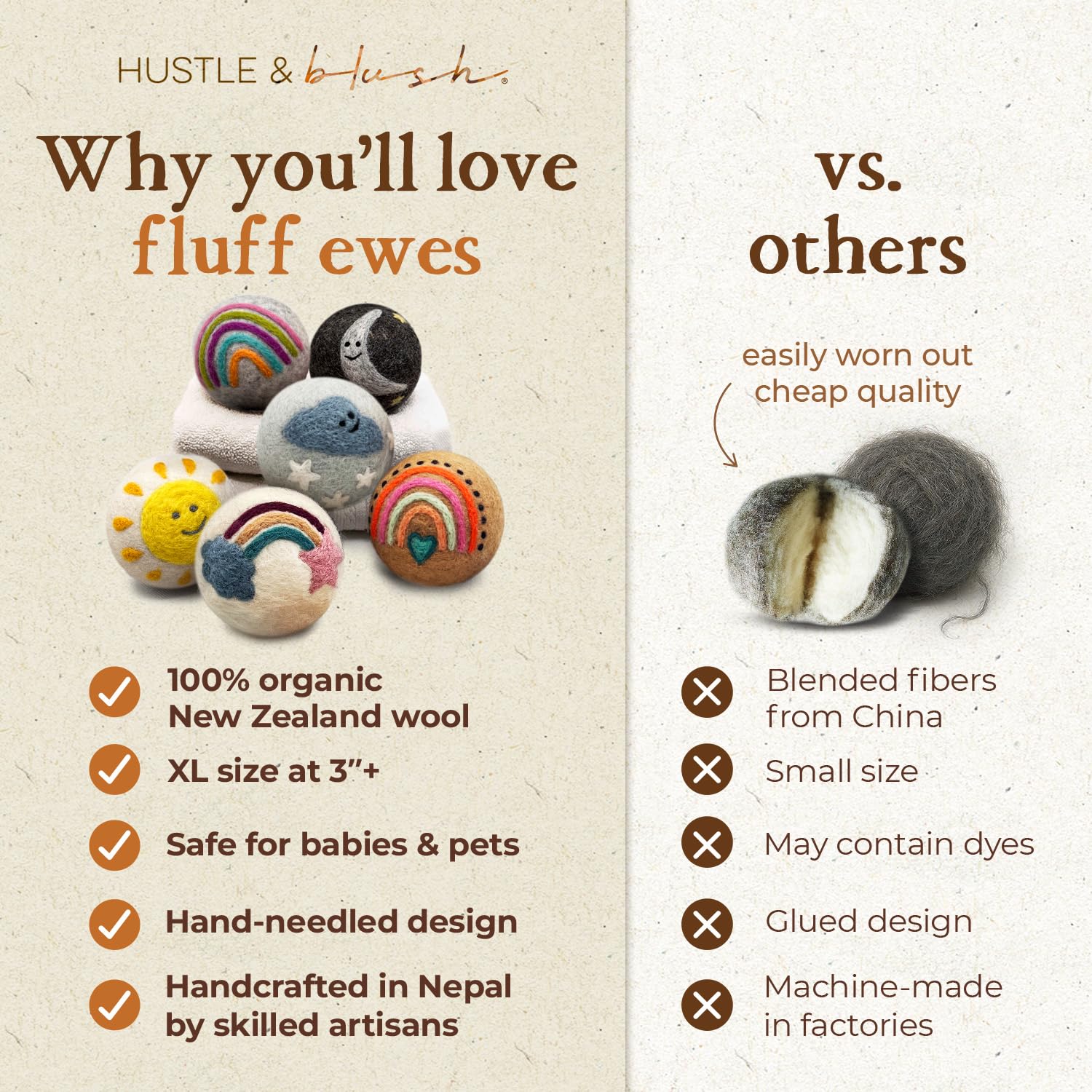 Hustle & Blush Fluff Ewes Wool Dryer Balls 6 Pack - XL Rainbow or Shine Premium New Zealand Laundry Set, Reduces Drying Time, Static Control, Chemical