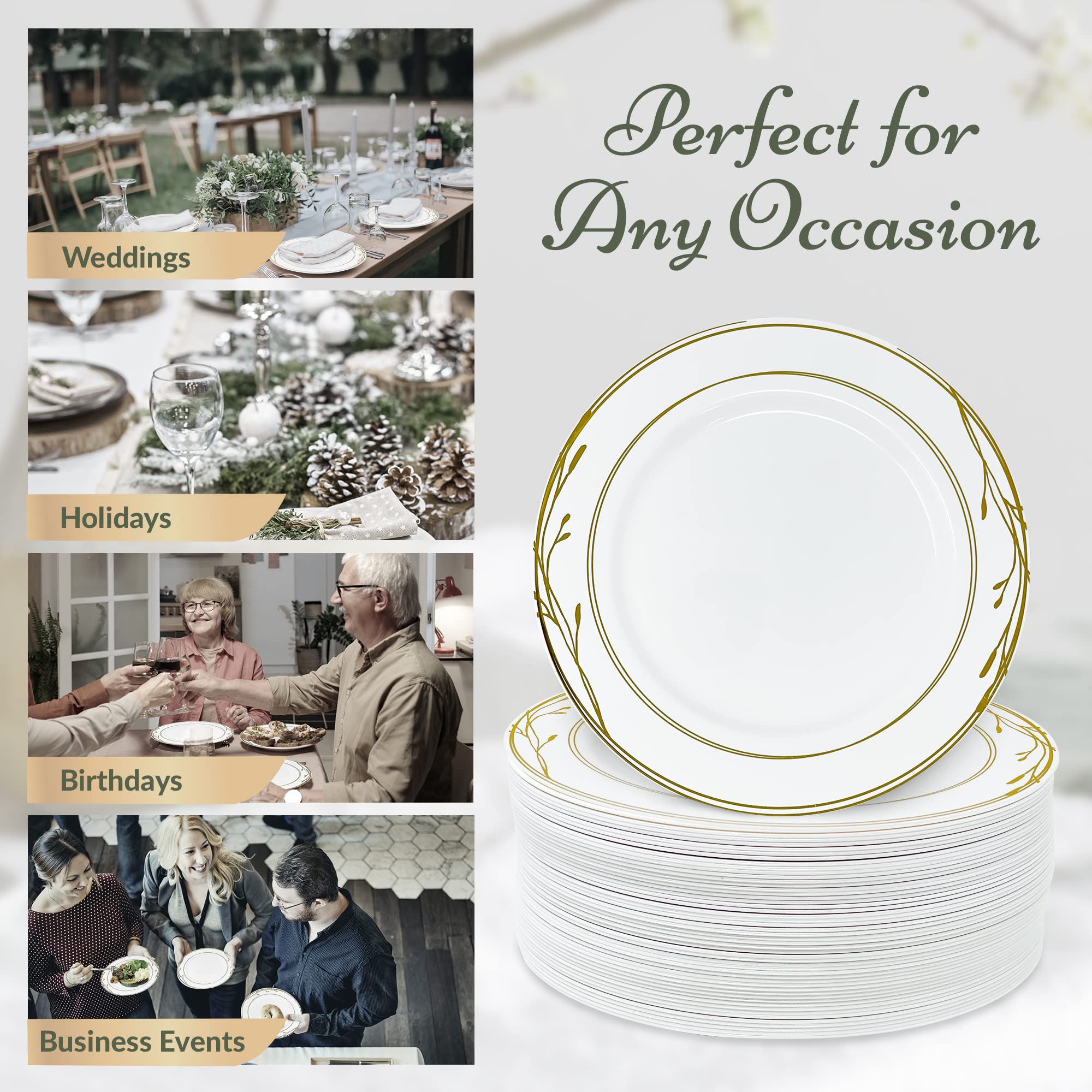 Reli. Disposable Plastic Plates, White & Gold Rim (110 Pcs, 10.25") | Hard Plastic Dinner Plate | Elegant, Heavy Duty Disposable Round Platters