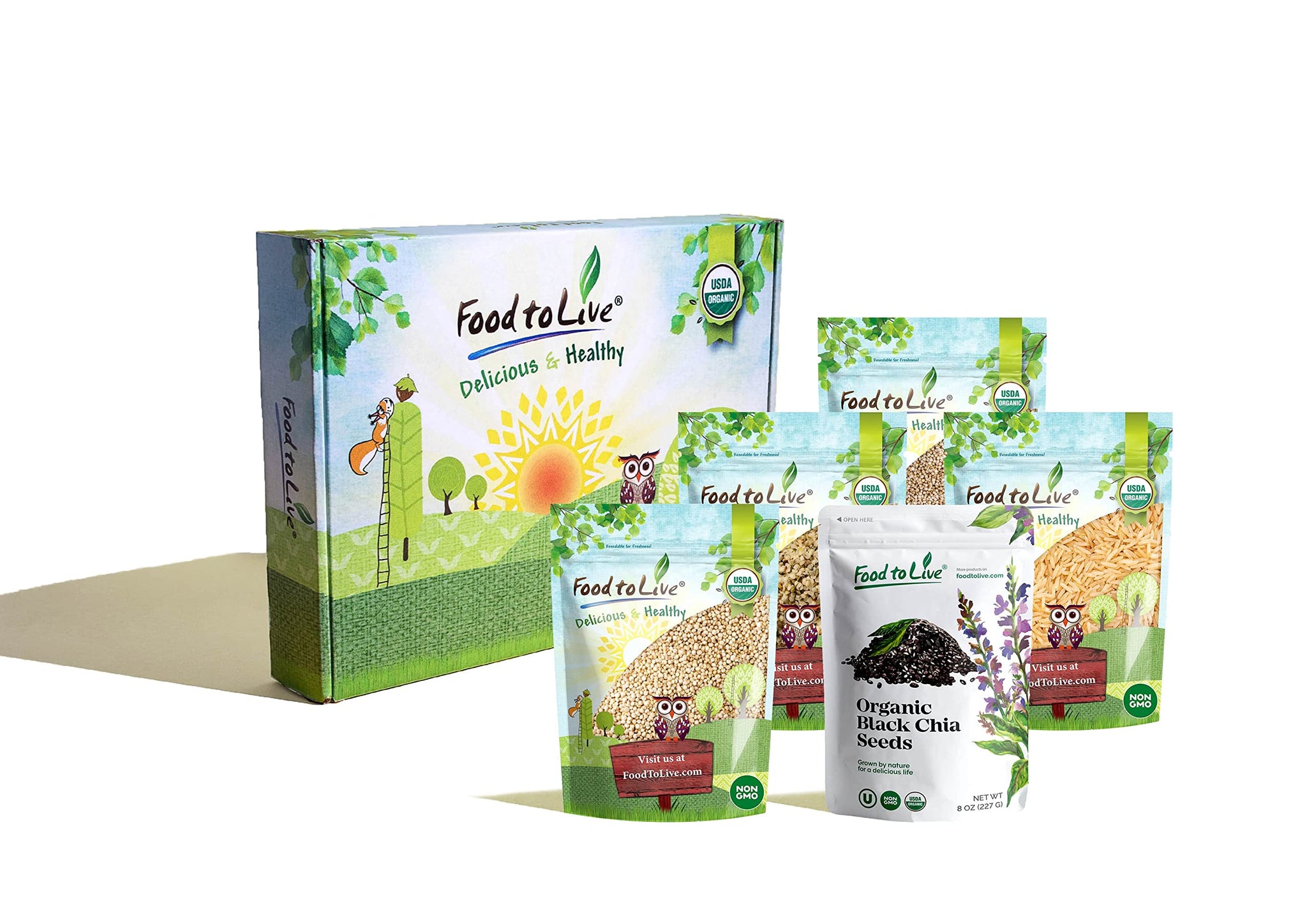 Food to Live Organic Super Seeds in a Gift Box - Hemp Seeds, White Quinoa, Amaranth, Brown Basmati Rice, and Chia Seeds