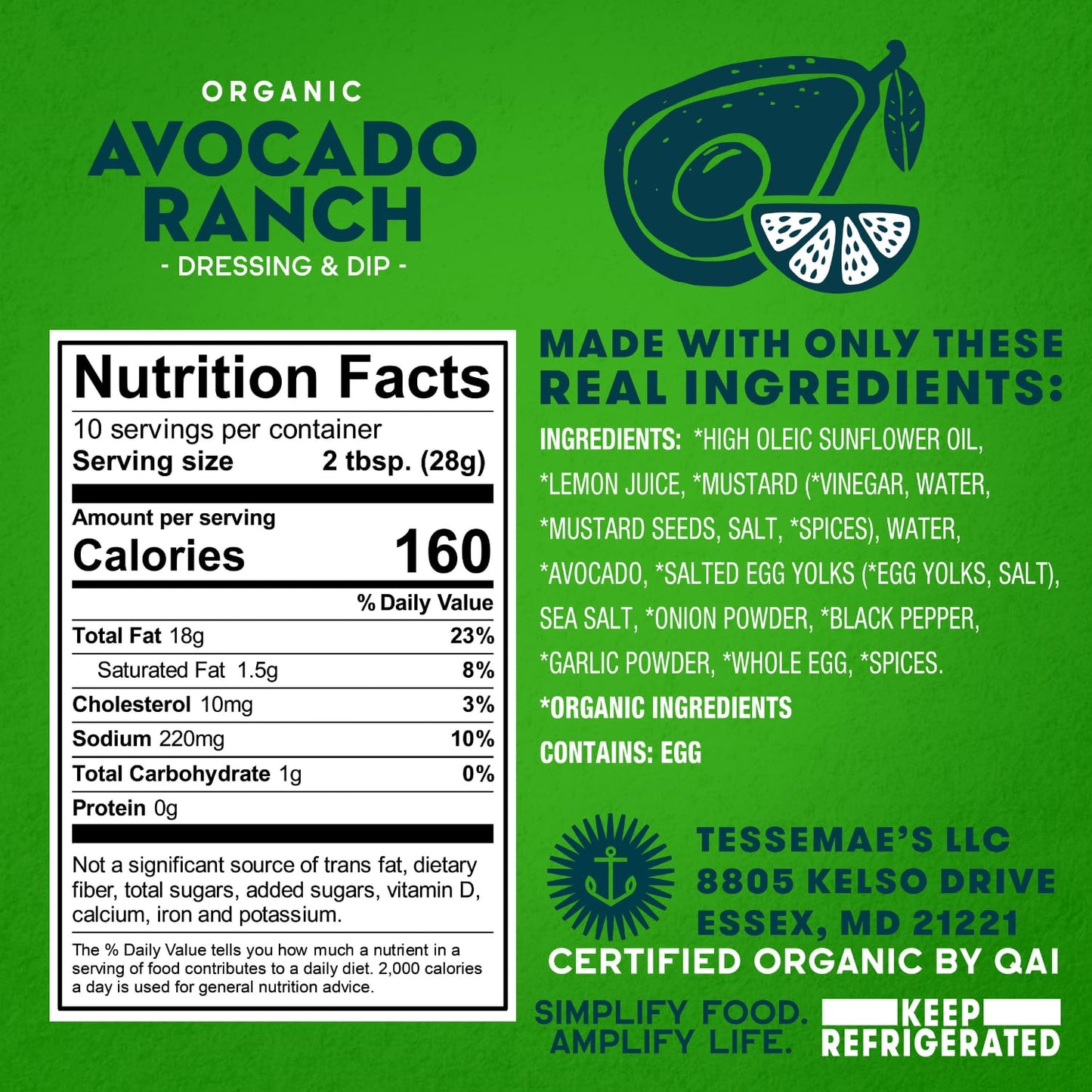 Tessemae's Organic Avocado Ranch Dressing, 10 oz