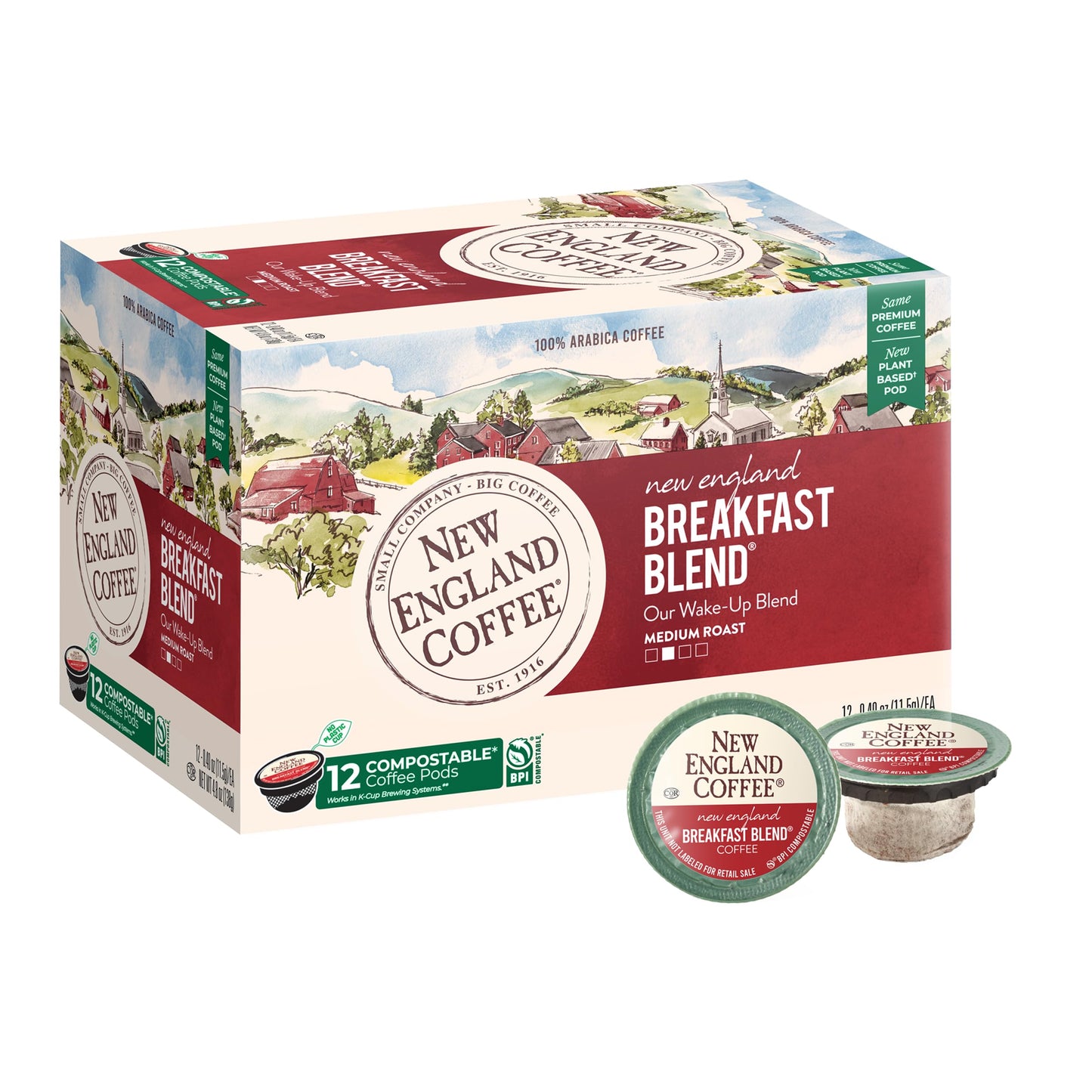 New England Coffee Breakfast Blend Medium Roast Single Serve Pods, 12ct Box (Pack of 1)