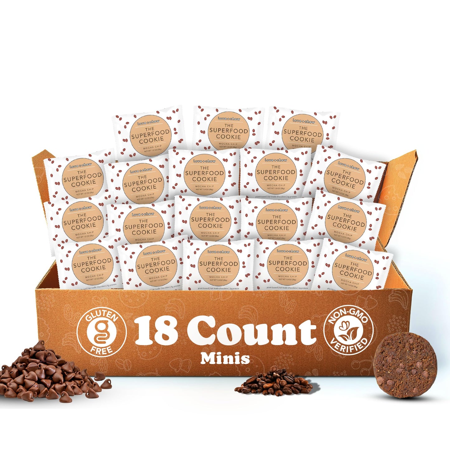 Love + Chew Mini Vegan Cookies, Gluten Free, 3g Plant Based Protein Per Cookie with Dark Chocolate and Coffee, Healthy Snacks for Adults, Individually