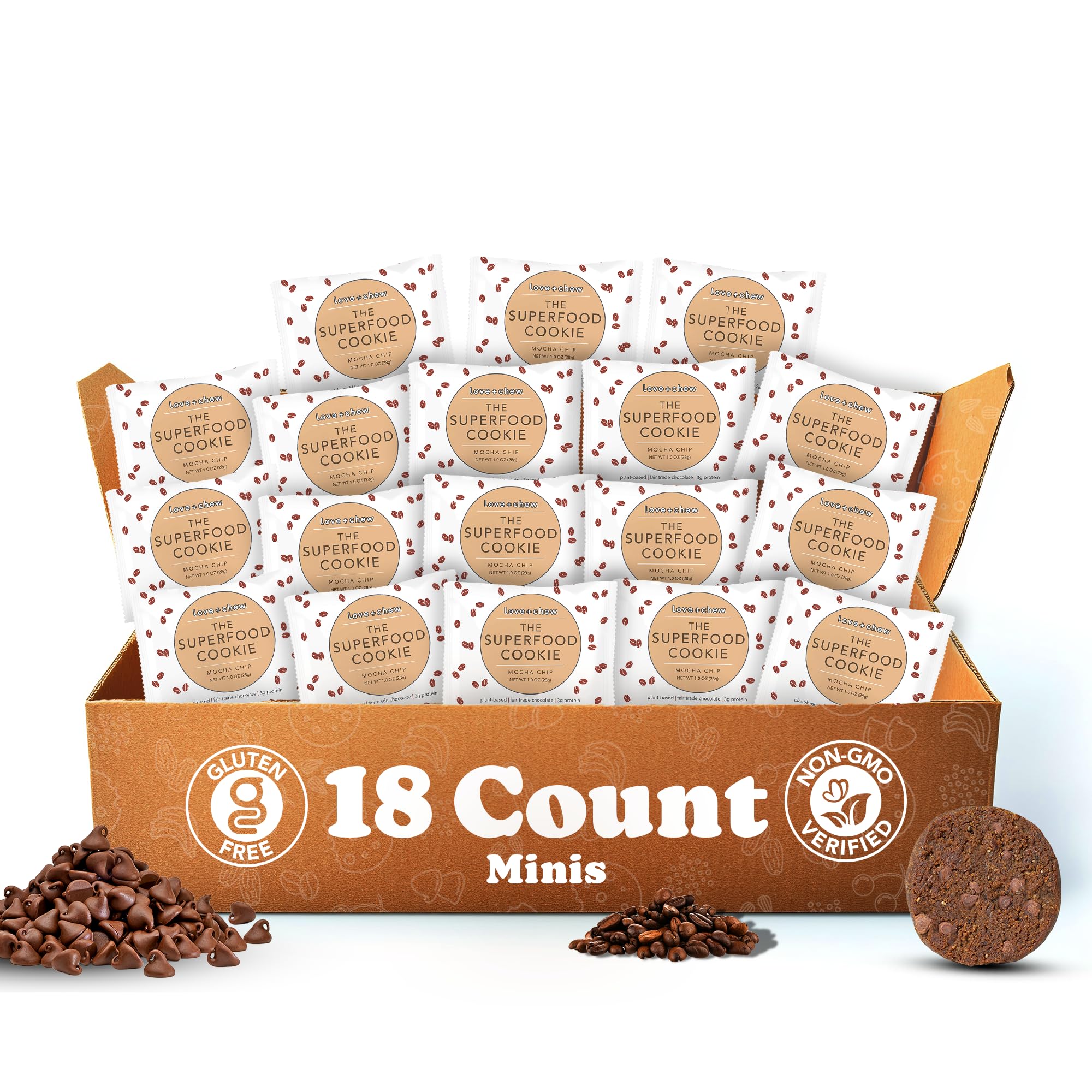 Love + Chew Mini Vegan Cookies, Gluten Free, 3g Plant Based Protein Per Cookie with Dark Chocolate and Coffee, Healthy Snacks for Adults, Individually